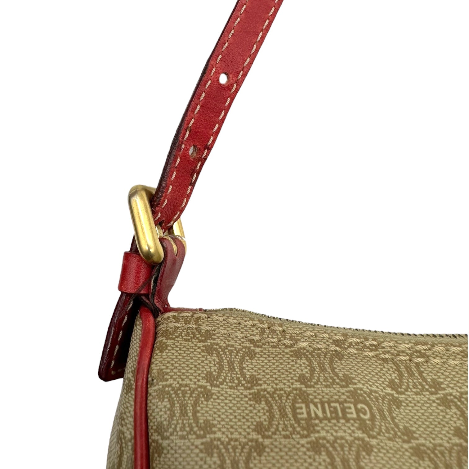 Celine Tan Triomphe Monogram & Red Leather Pochette Bag - Outfit Repeater