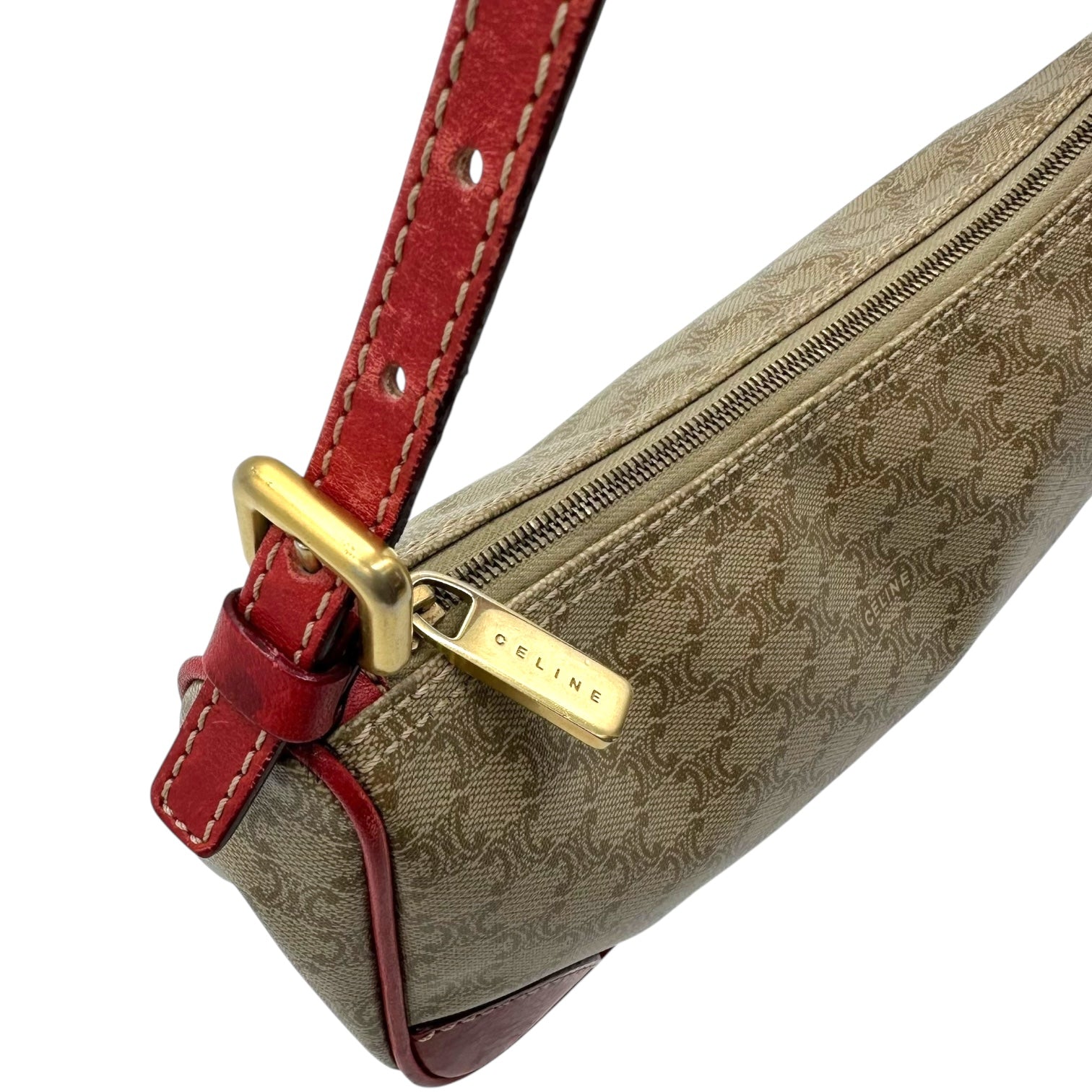 Celine Tan Triomphe Monogram & Red Leather Pochette Bag - Outfit Repeater