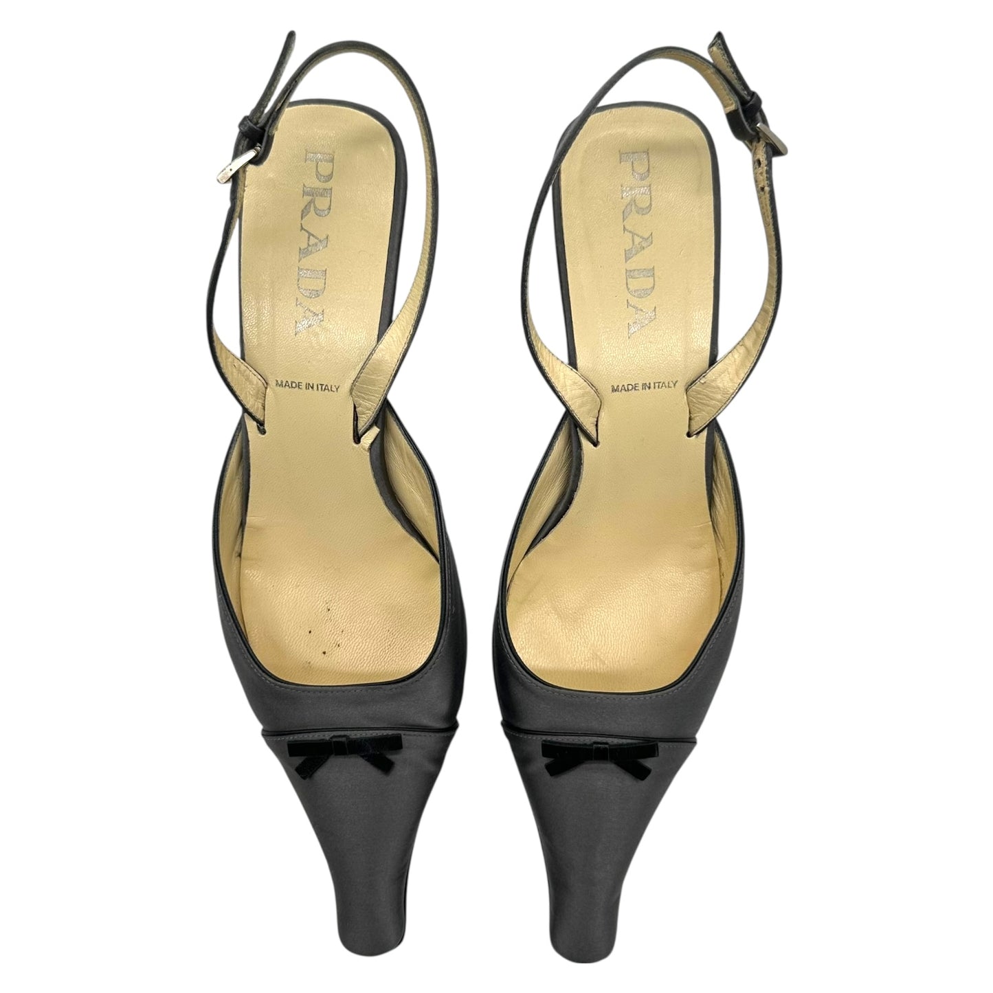 Prada Silver Silk Pointed Toe Slingback Kitten Heels