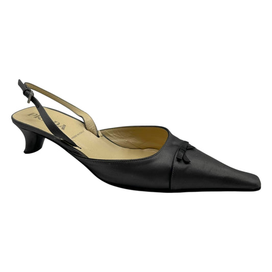 Prada Silver Silk Pointed Toe Slingback Kitten Heels