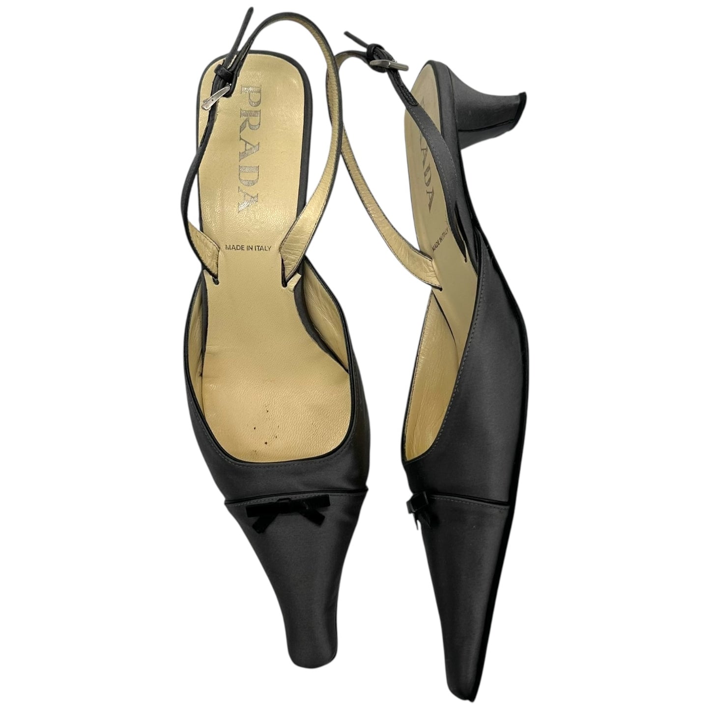 Prada Silver Silk Pointed Toe Slingback Kitten Heels