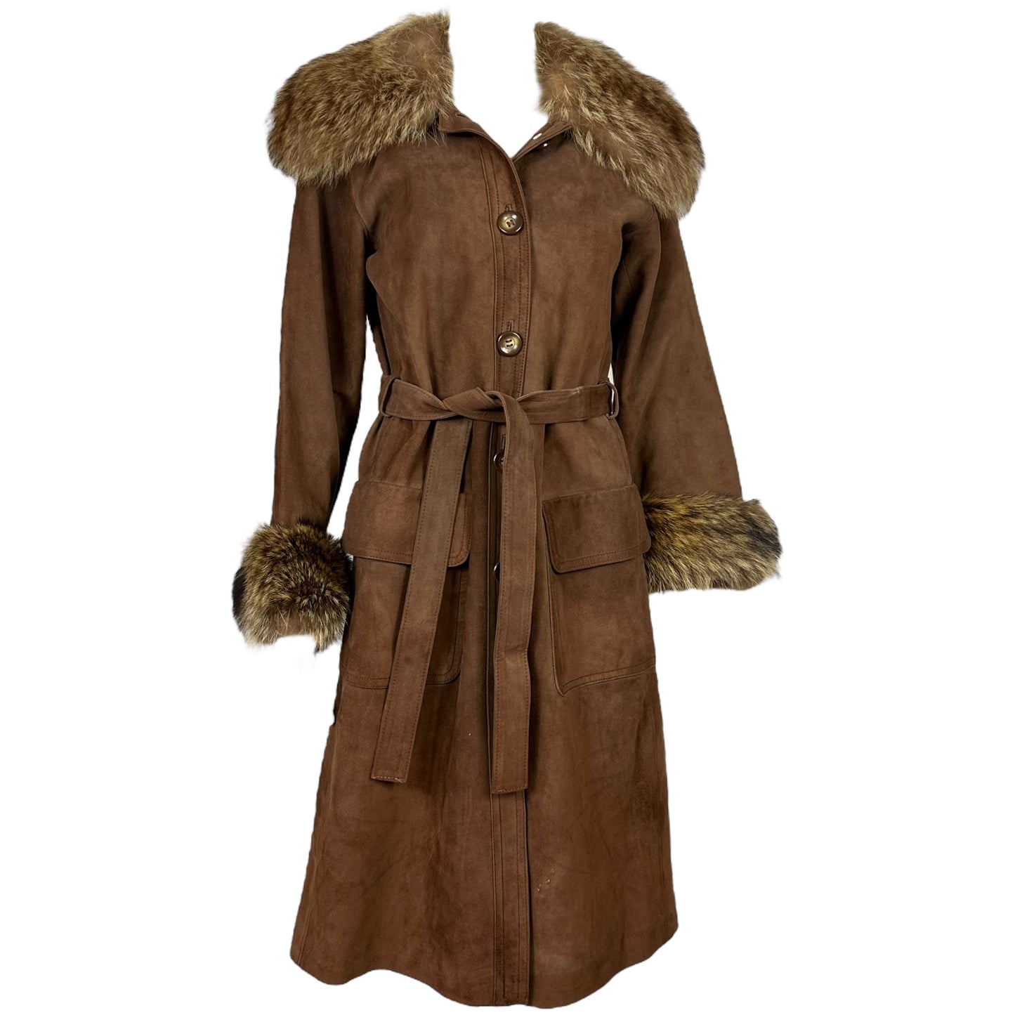 Yves Saint Laurent Brown Suede Trench Coat With Fur Trim