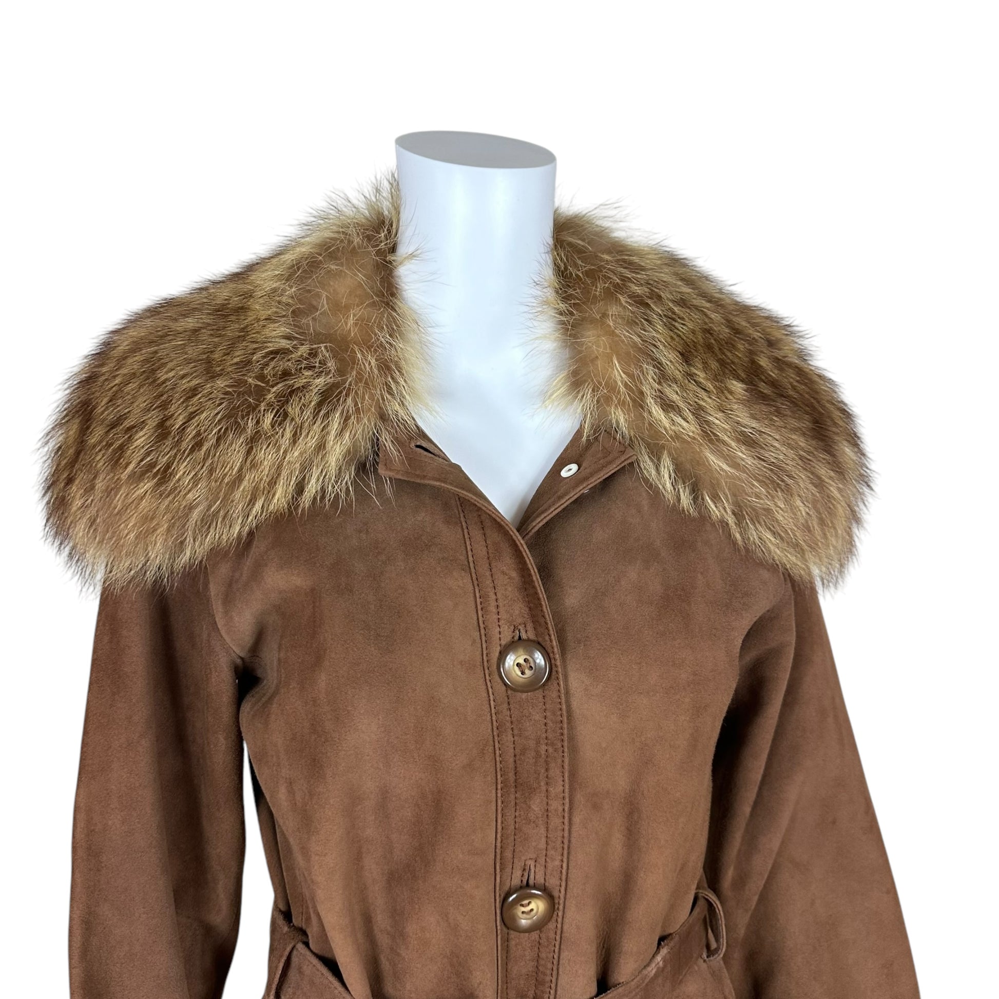 Yves Saint Laurent Brown Suede Trench Coat With Fur Trim