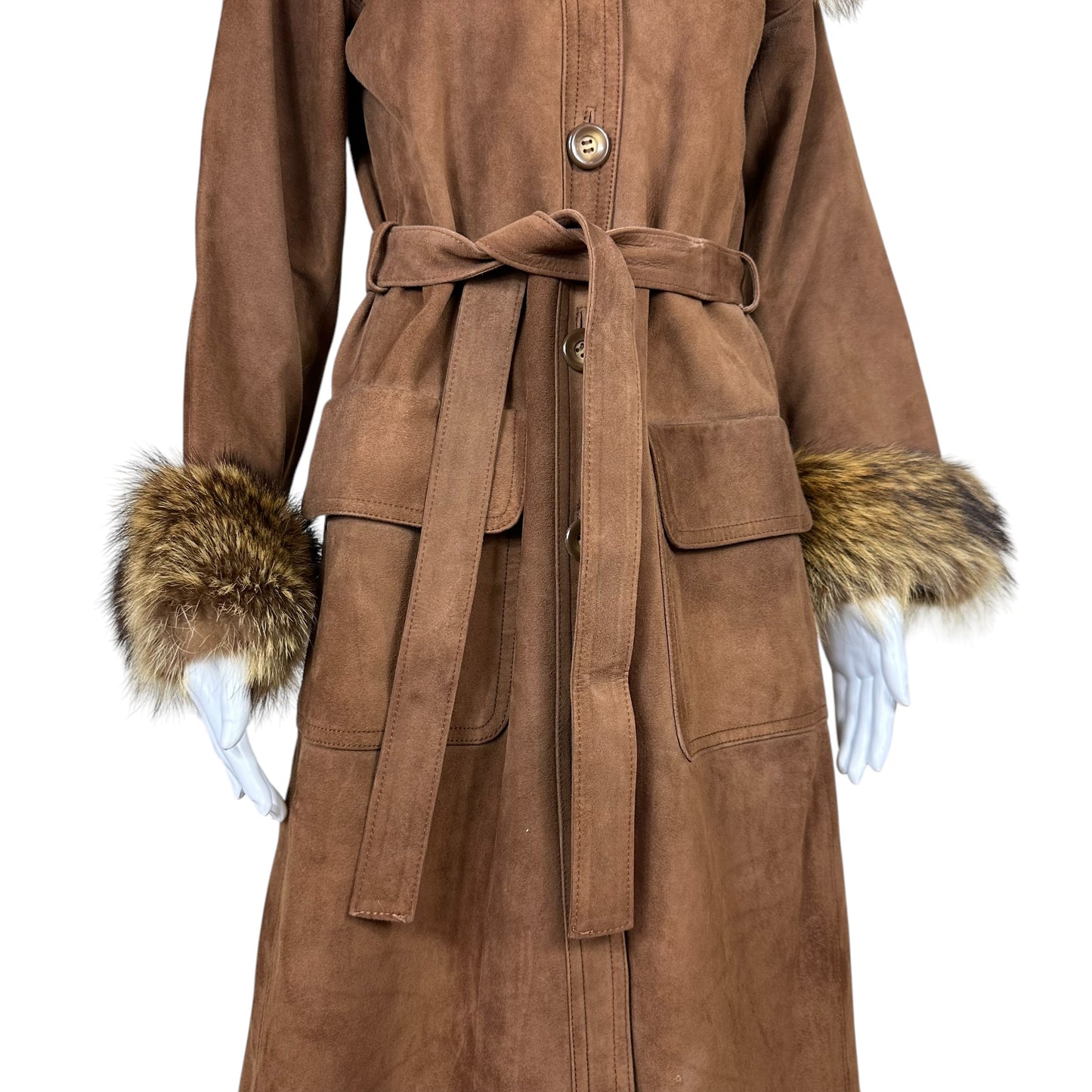 Yves Saint Laurent Brown Suede Trench Coat With Fur Trim