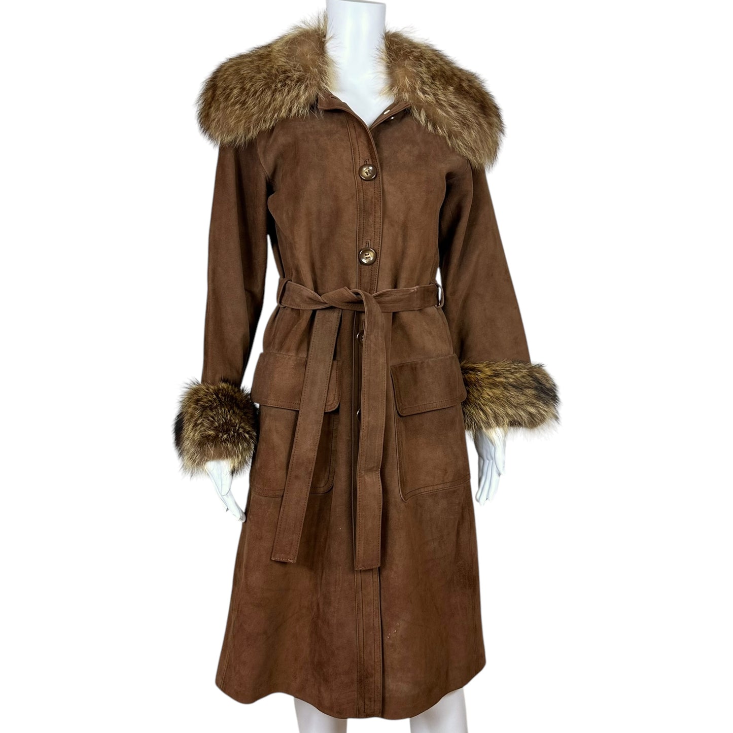 Yves Saint Laurent Brown Suede Trench Coat With Fur Trim