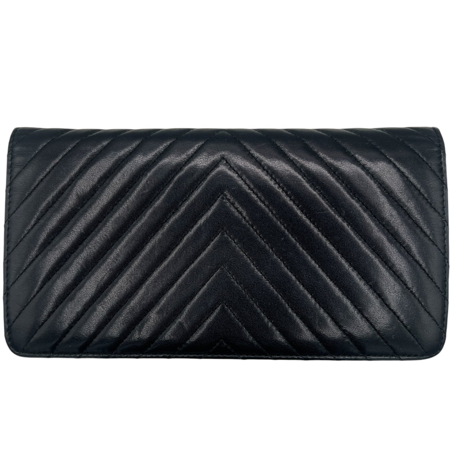 Chanel Black Lambskin Chevorn Quilted Bi-Fold Long Wallet