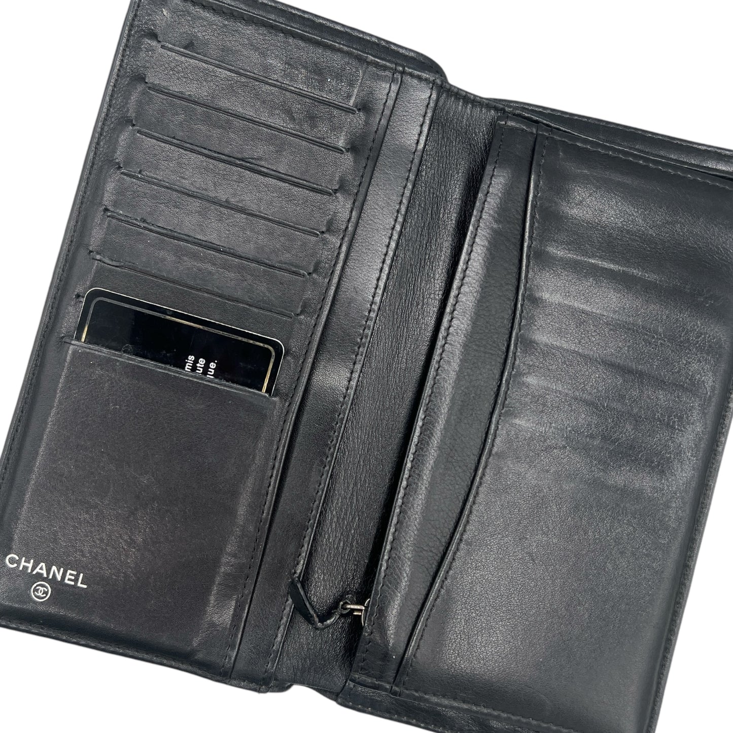 Chanel Black Lambskin Chevorn Quilted Bi-Fold Long Wallet