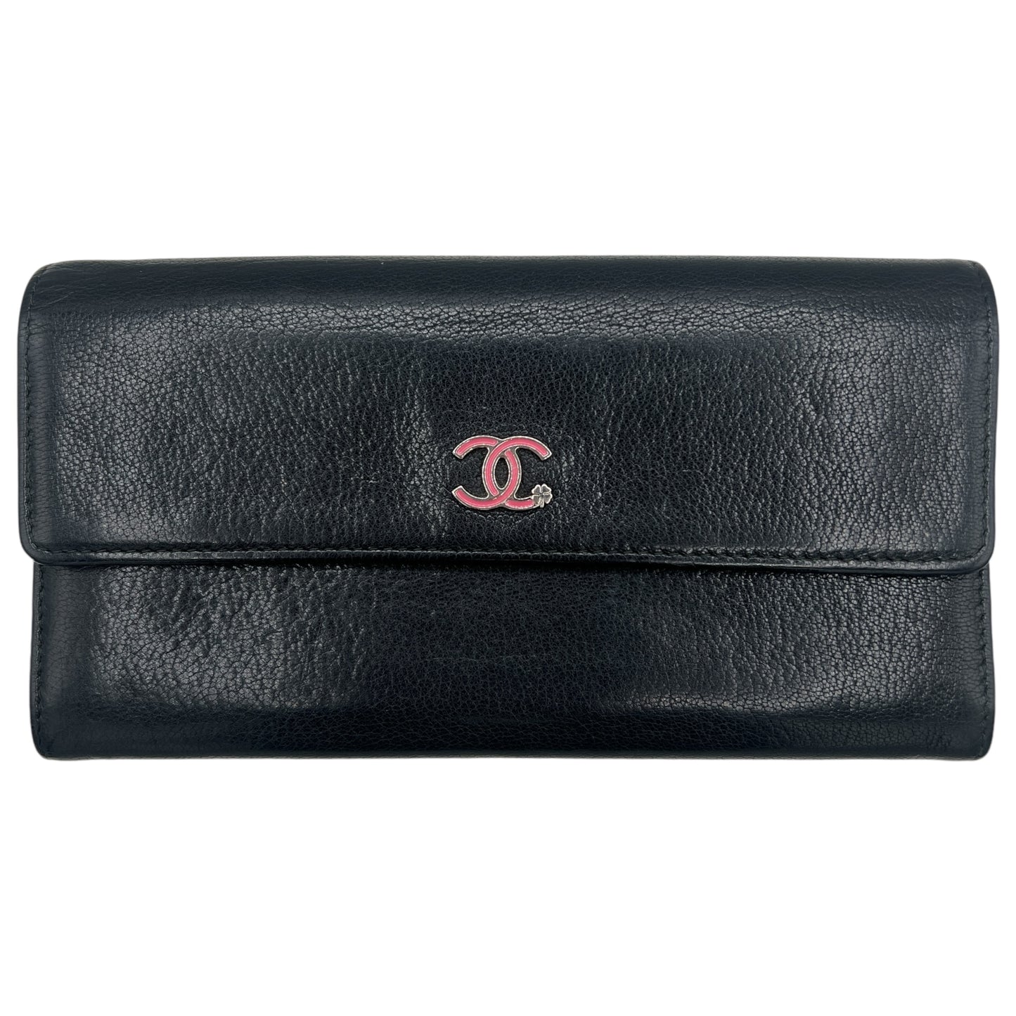Chanel Black Leather Long Wallet With Pink Enamel Logo
