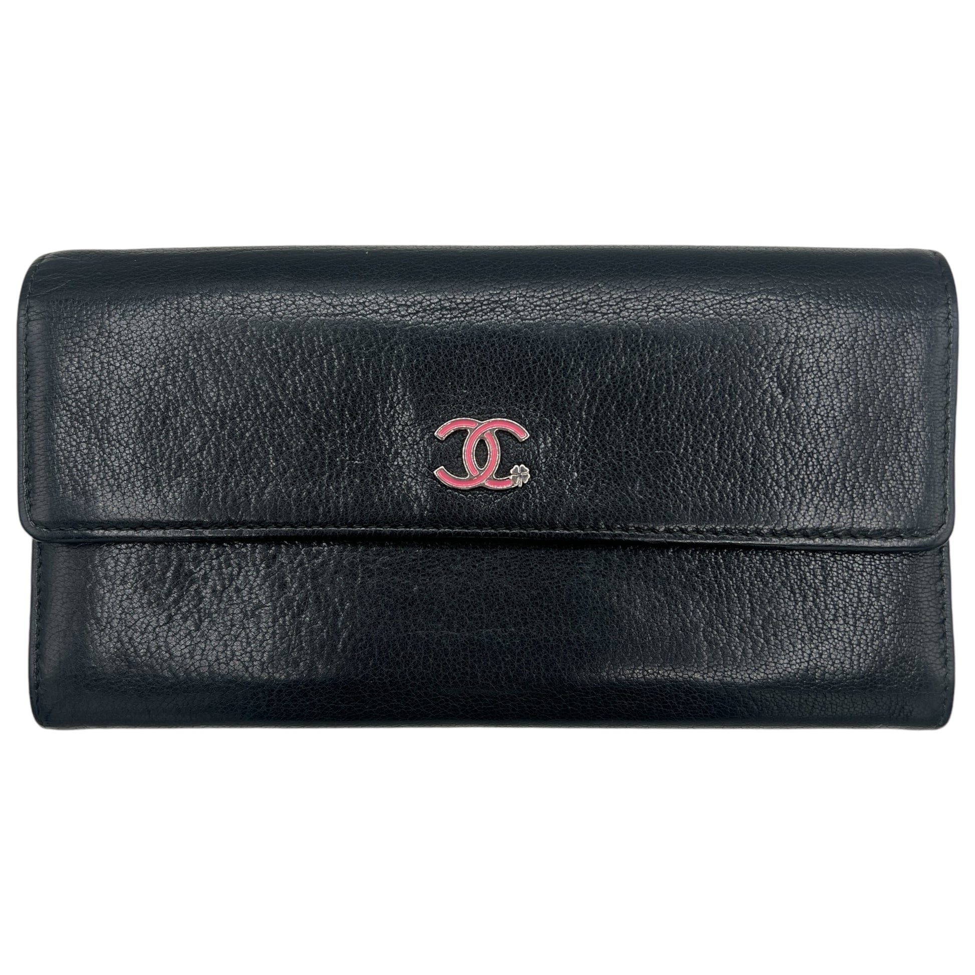 Chanel Black Leather Long Wallet With Pink Enamel Logo