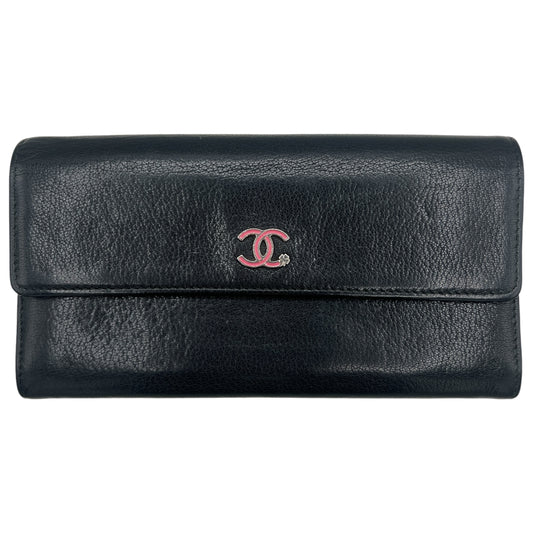 Chanel Black Leather Long Wallet With Pink Enamel Logo