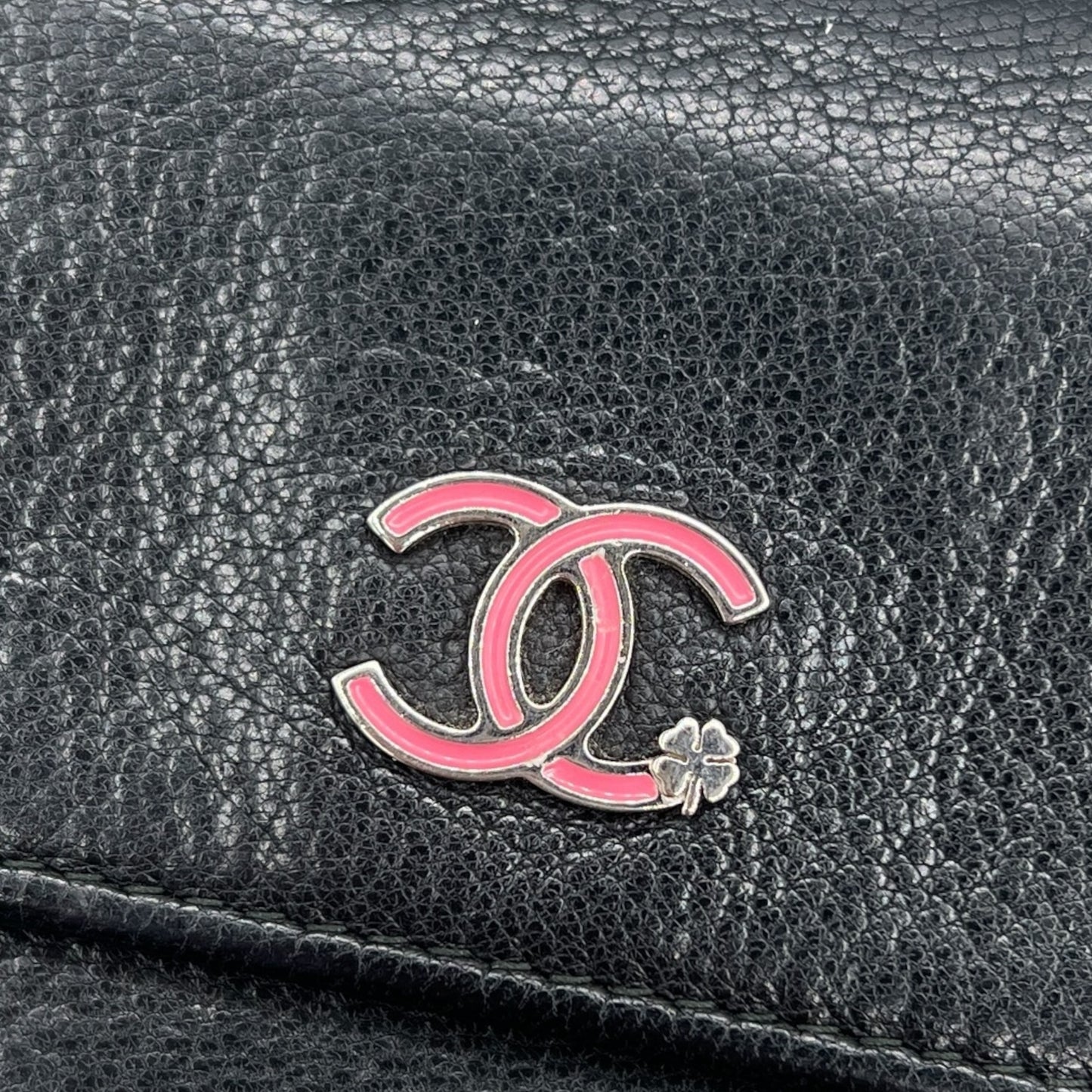 Chanel Black Leather Long Wallet With Pink Enamel Logo