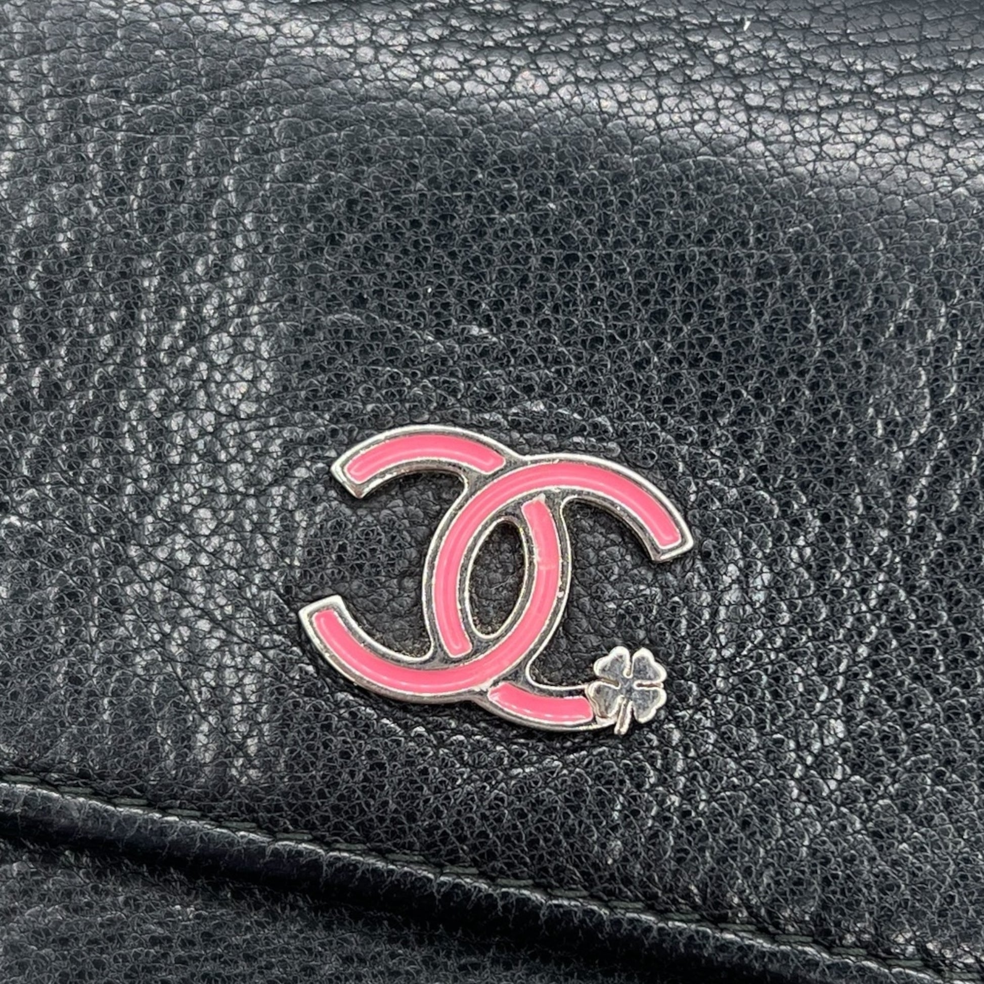 Chanel Black Leather Long Wallet With Pink Enamel Logo