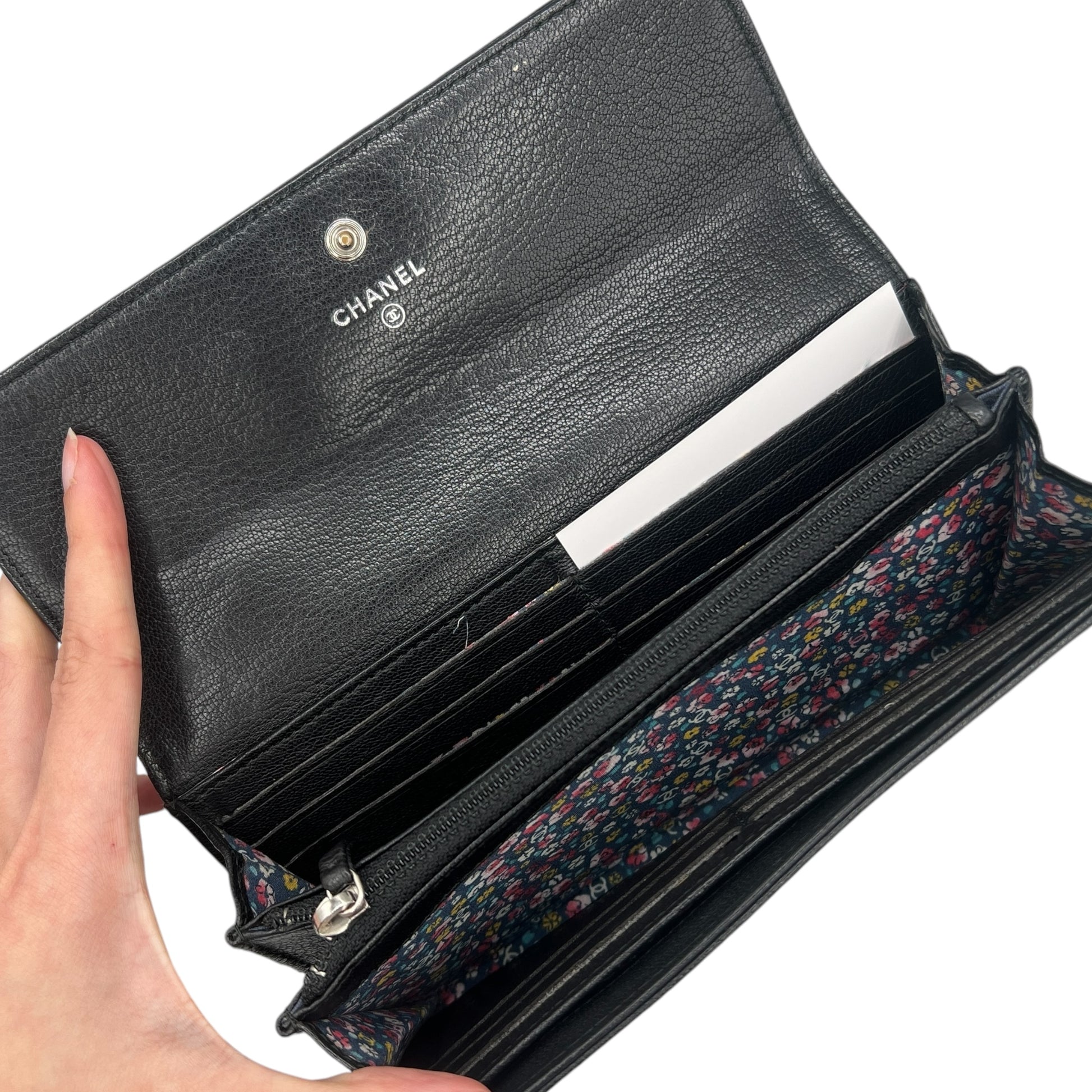 Chanel Black Leather Long Wallet With Pink Enamel Logo
