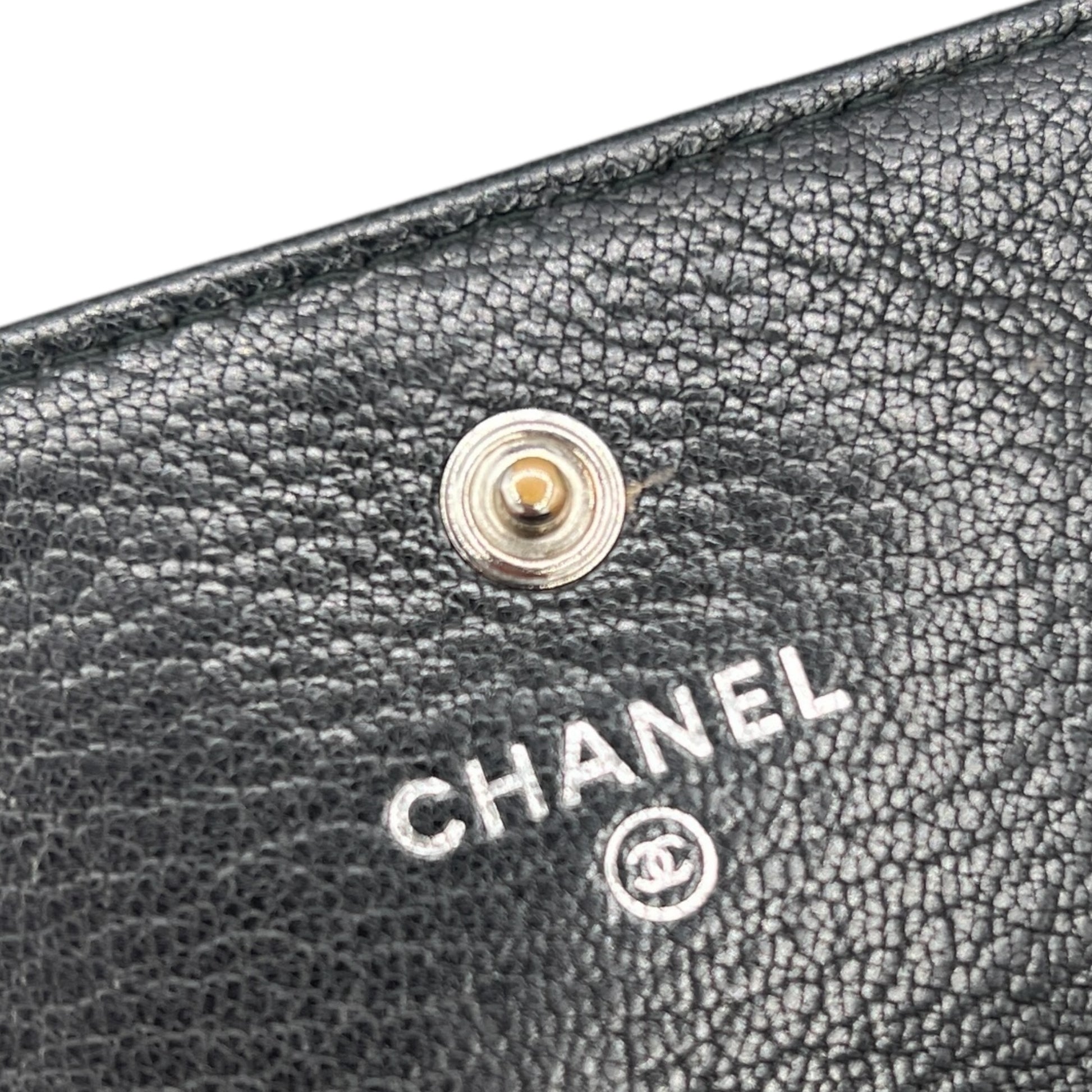 Chanel Black Leather Long Wallet With Pink Enamel Logo