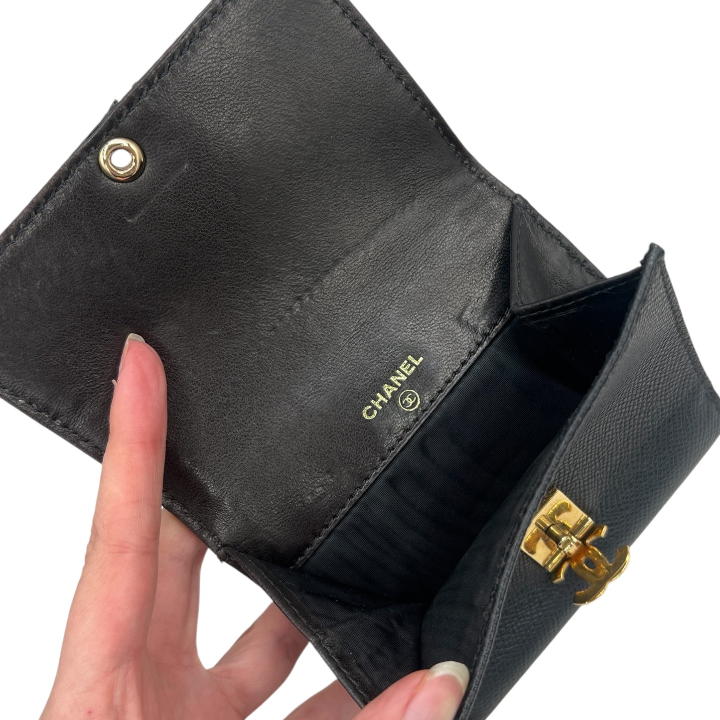 Chanel Black Leather Bi-Fold Wallet with Gold Hardware