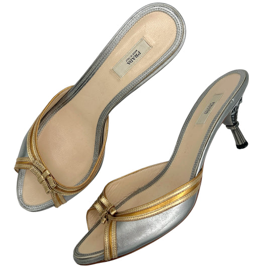 Prada Silver and Gold Metallic Bow Kitten Heels