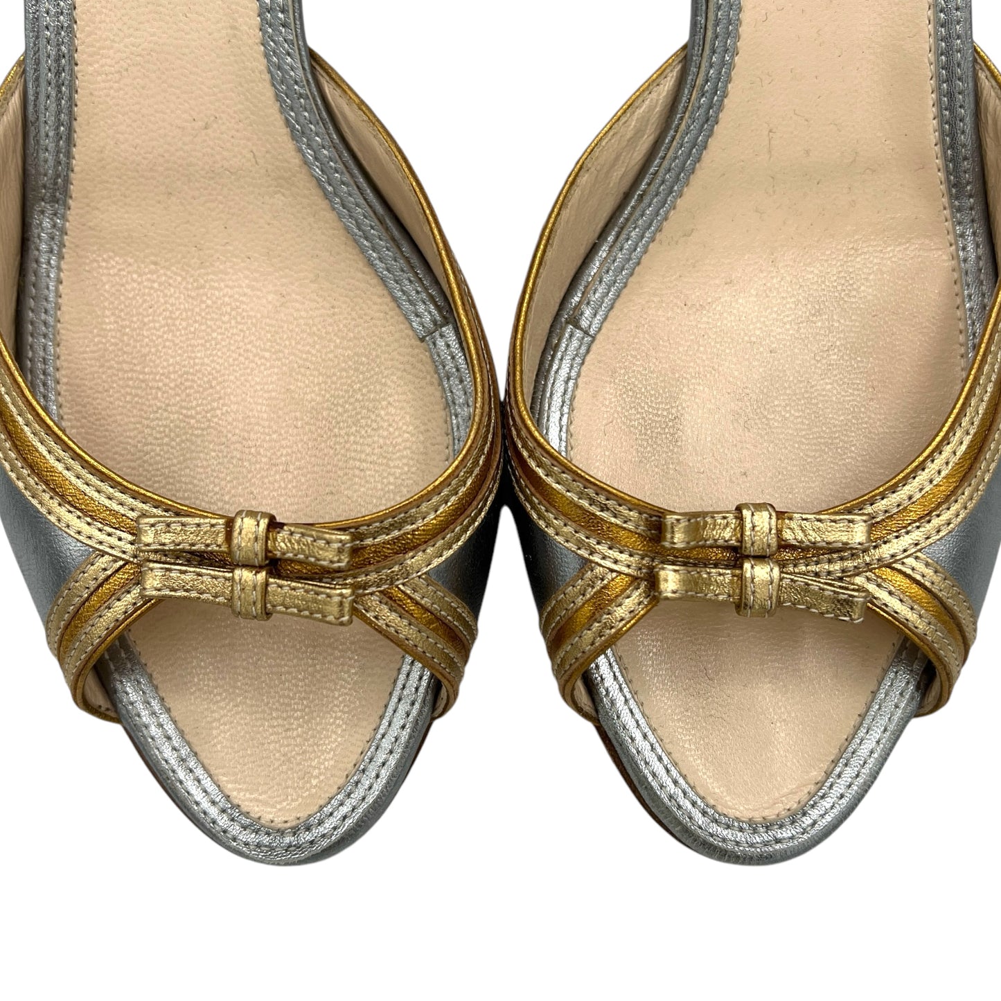 Prada Silver and Gold Metallic Bow Kitten Heels