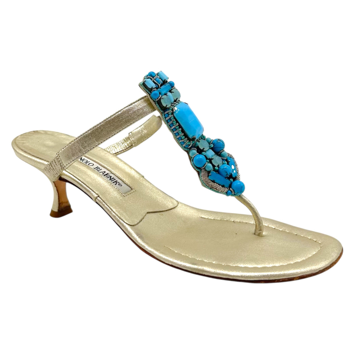 Manolo Blahnik Gold Turquoise Beaded Kitten Heel Flip Flops