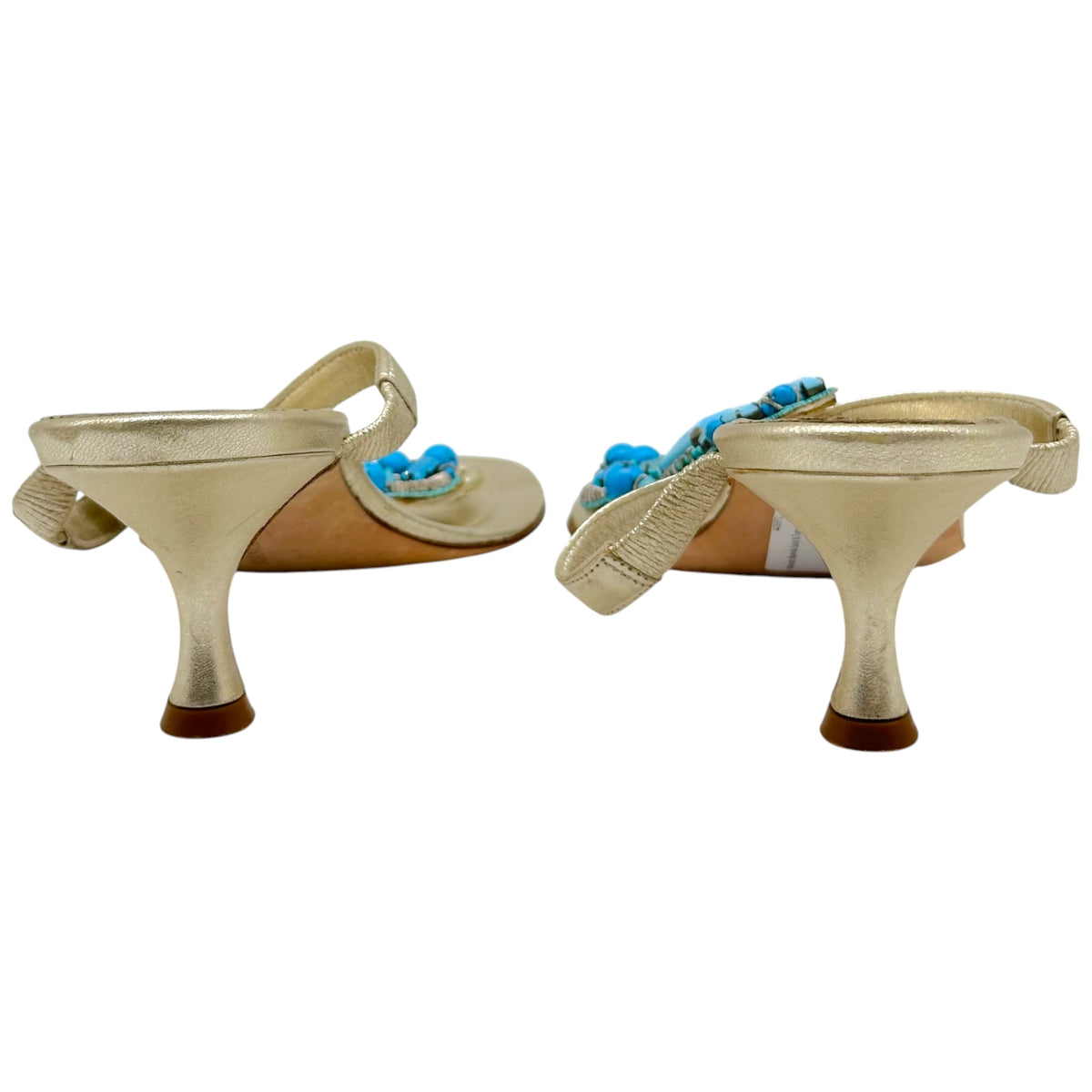 Manolo Blahnik Gold Turquoise Beaded Kitten Heel Flip Flops