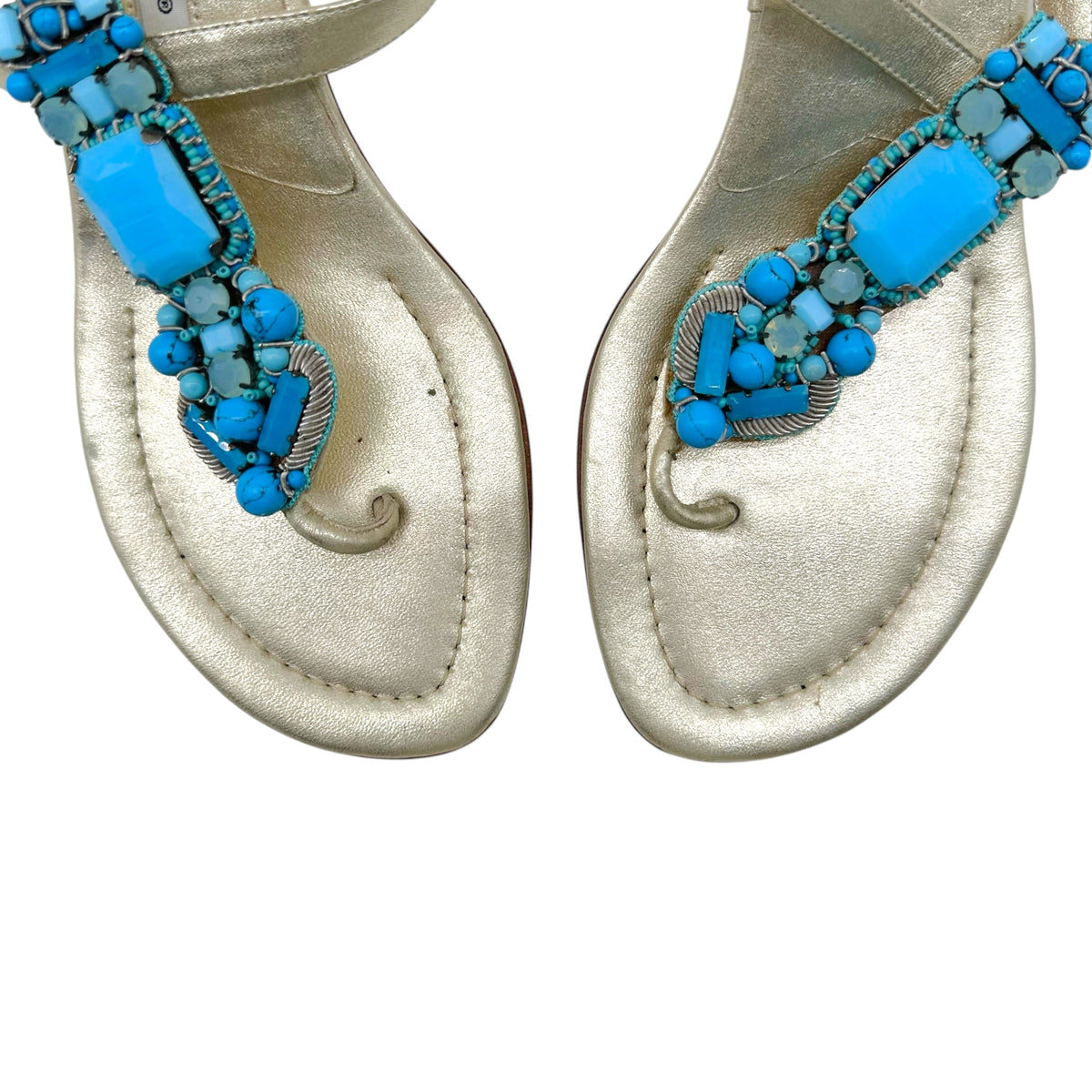 Manolo Blahnik Gold Turquoise Beaded Kitten Heel Flip Flops