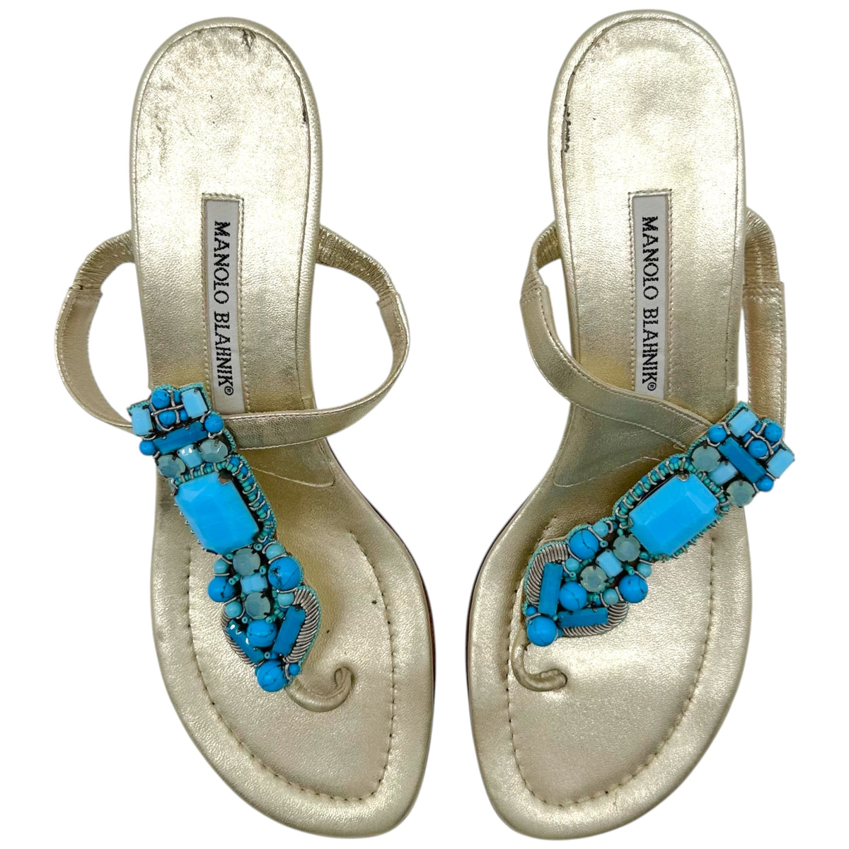 Manolo Blahnik Gold Turquoise Beaded Kitten Heel Flip Flops