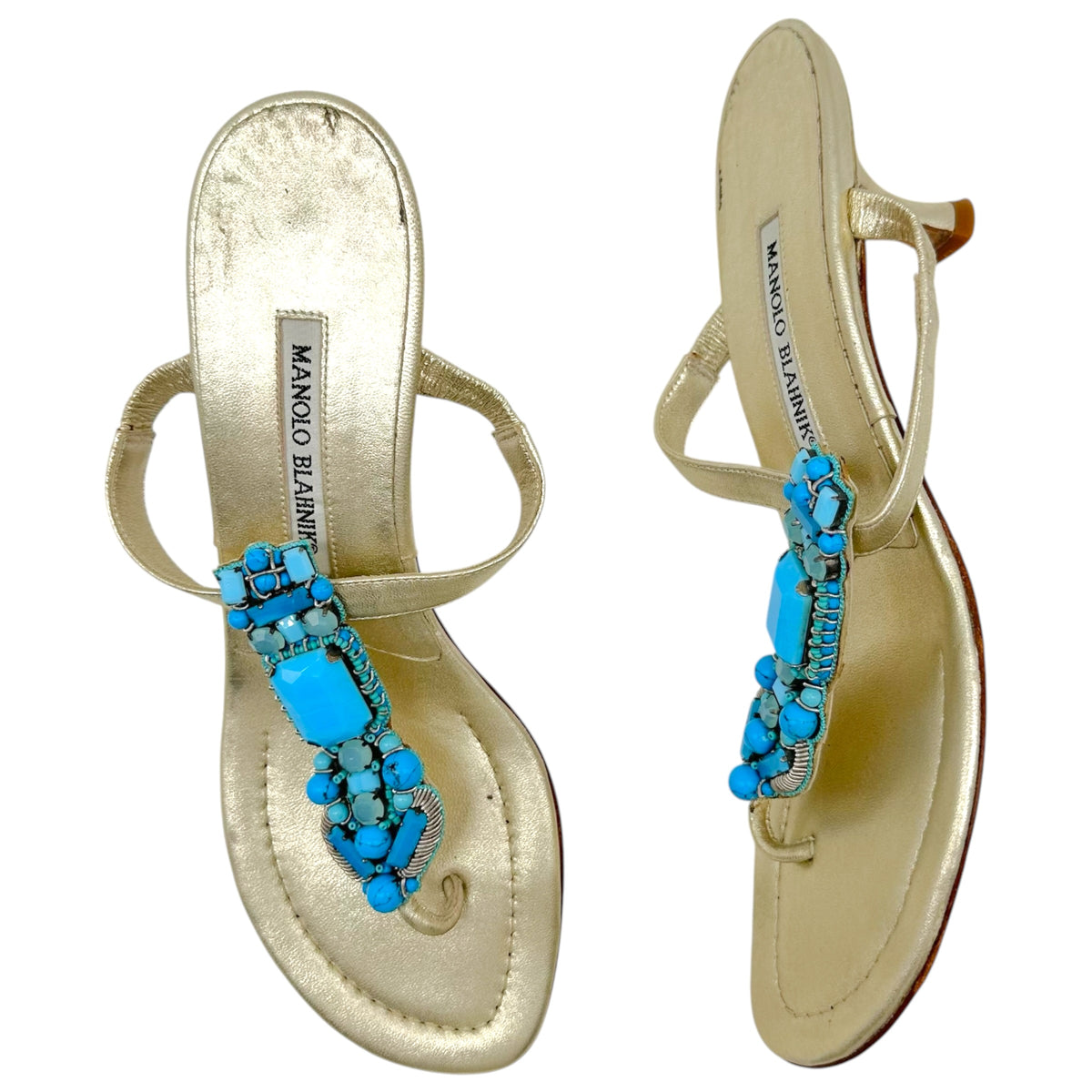 Manolo Blahnik Gold Turquoise Beaded Kitten Heel Flip Flops