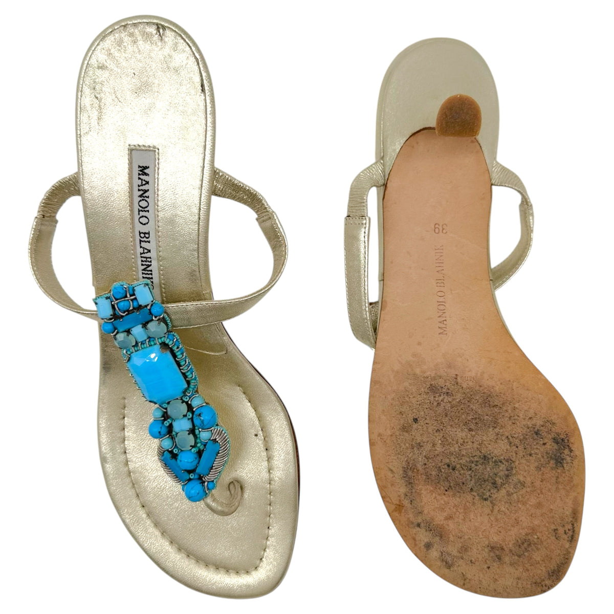 Manolo Blahnik Gold Turquoise Beaded Kitten Heel Flip Flops