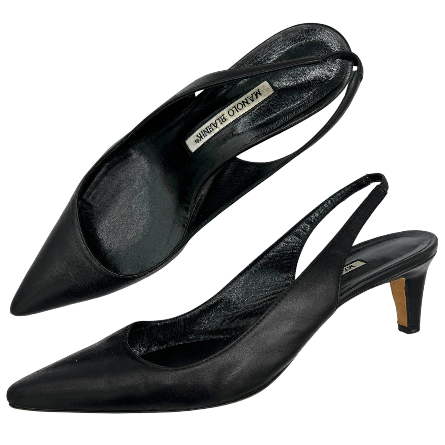 Manolo Blahnik Black Leather Slingback Kitten Heels