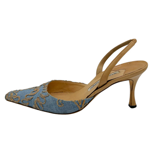 Manolo Blahnik Chambray & Leather Slingback Heels - Outfit Repeater