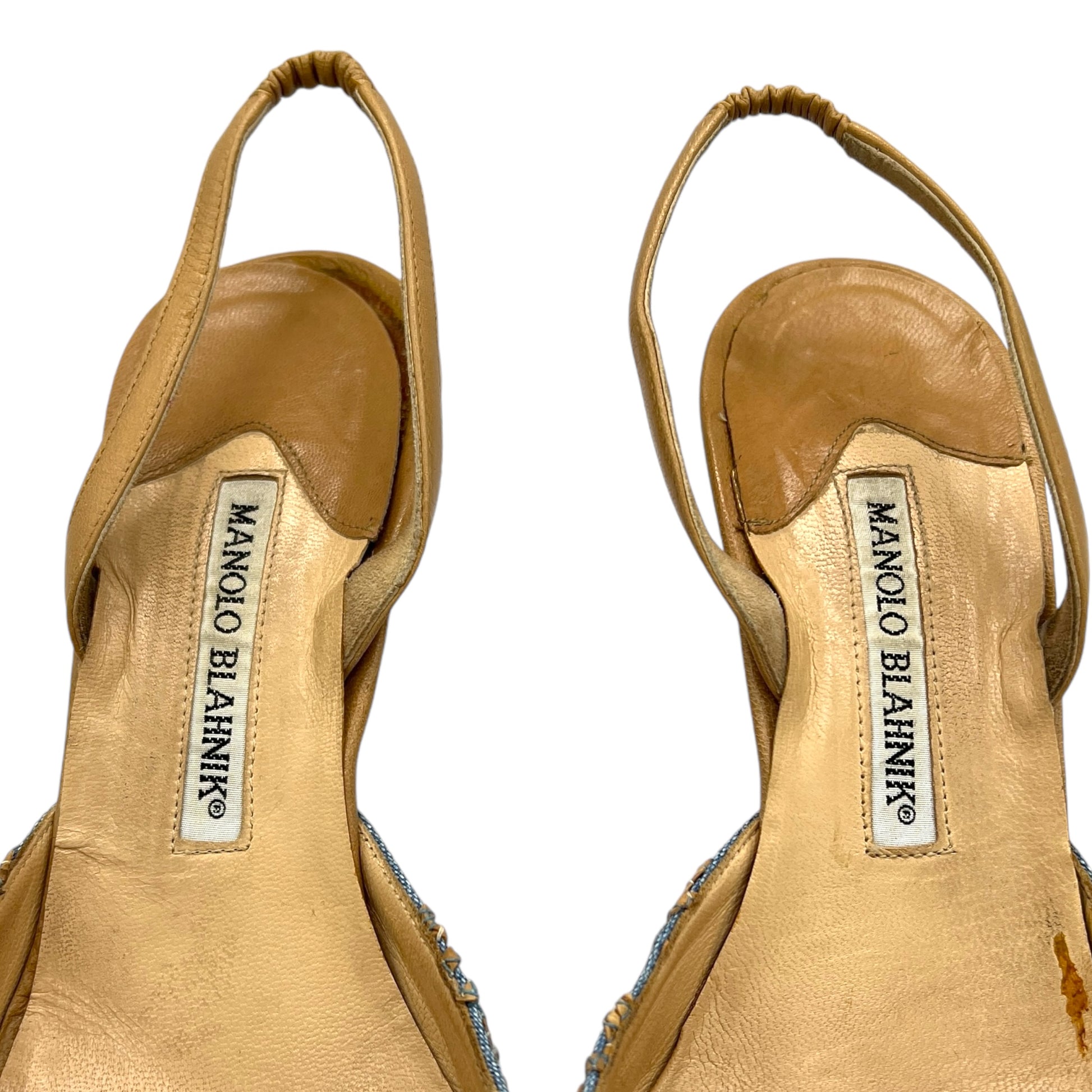 Manolo Blahnik Chambray & Leather Slingback Heels - Outfit Repeater