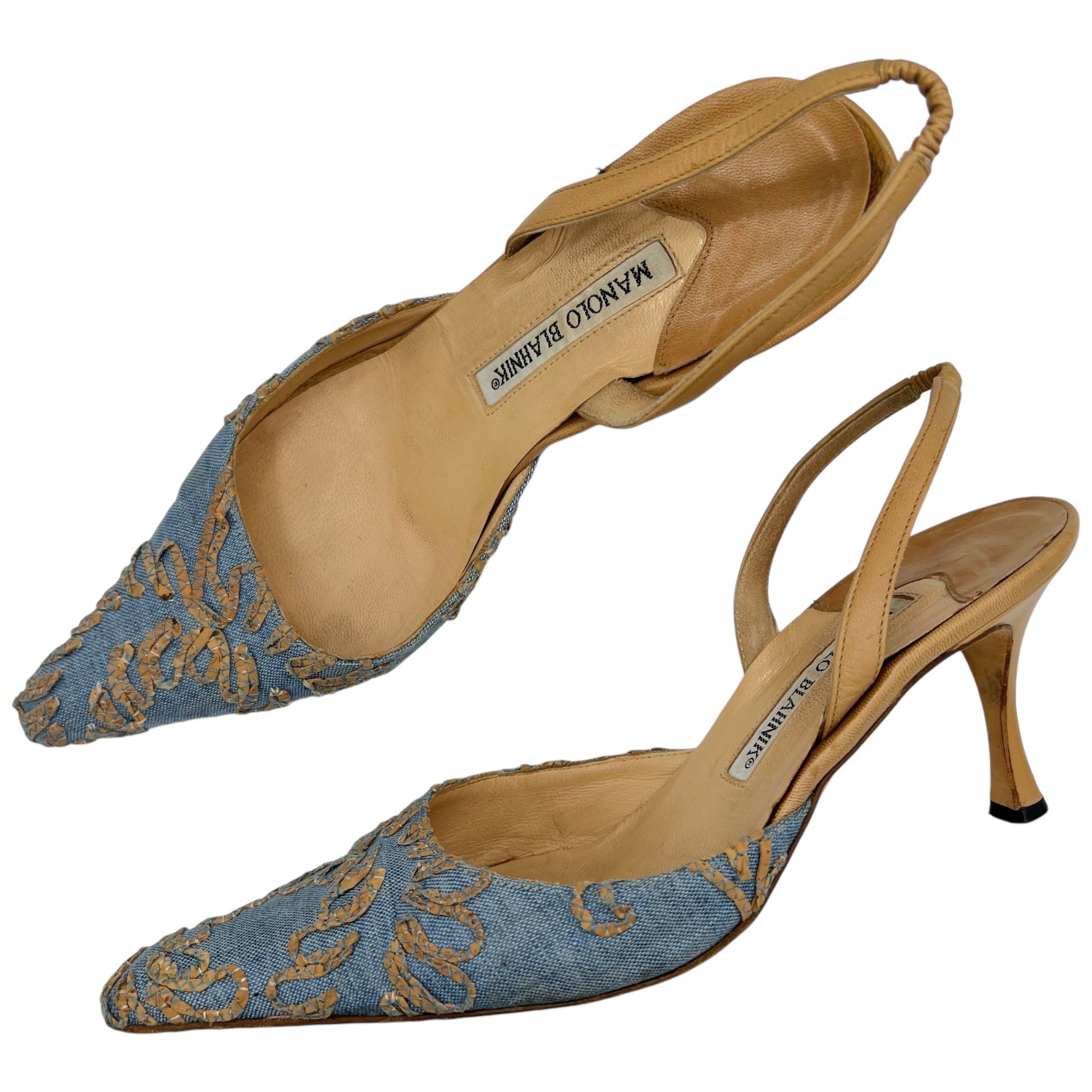 Manolo Blahnik Chambray & Leather Slingback Heels - Outfit Repeater