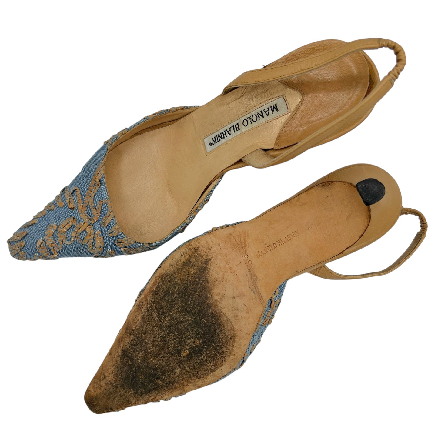 Manolo Blahnik Chambray & Leather Slingback Heels - Outfit Repeater