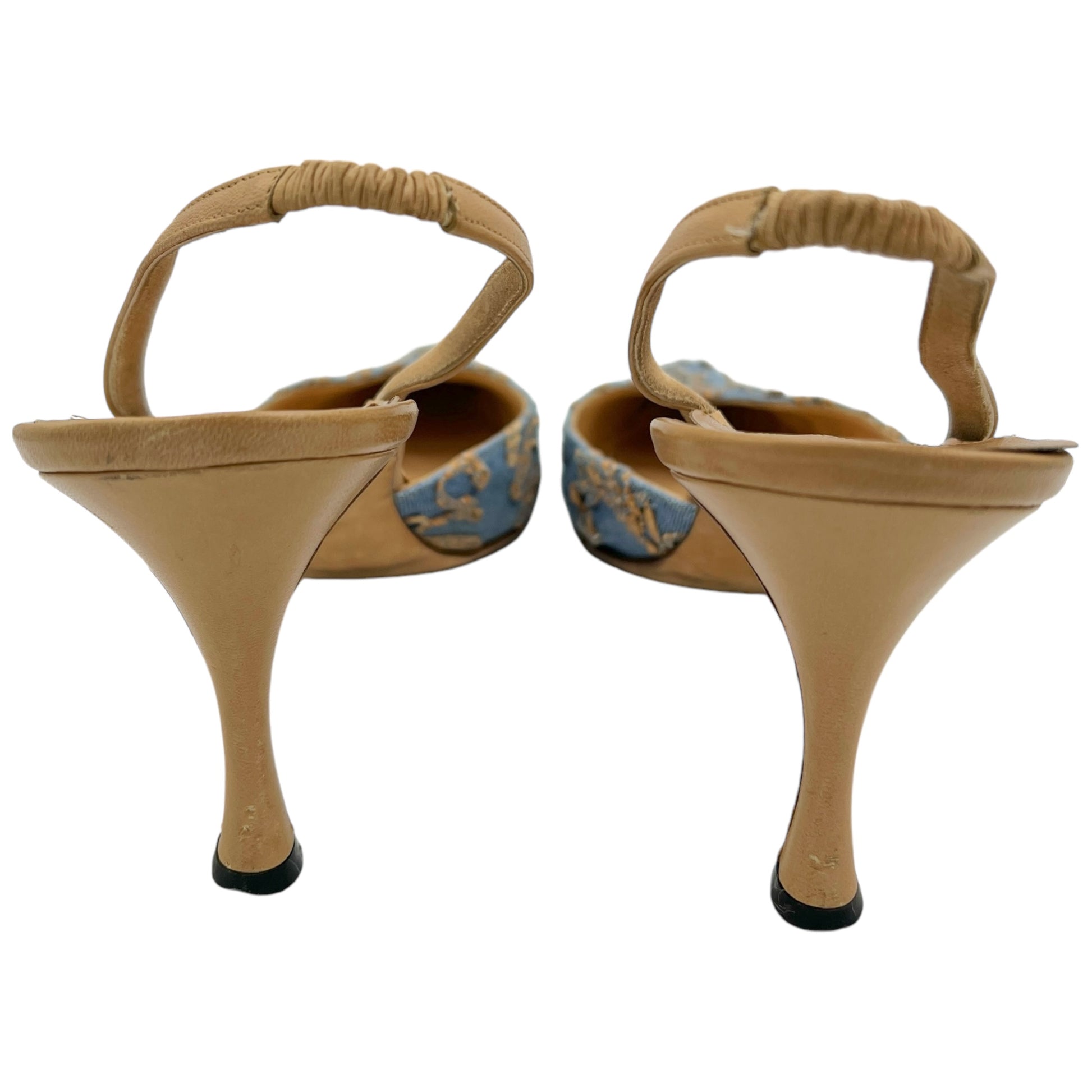 Manolo Blahnik Chambray & Leather Slingback Heels - Outfit Repeater