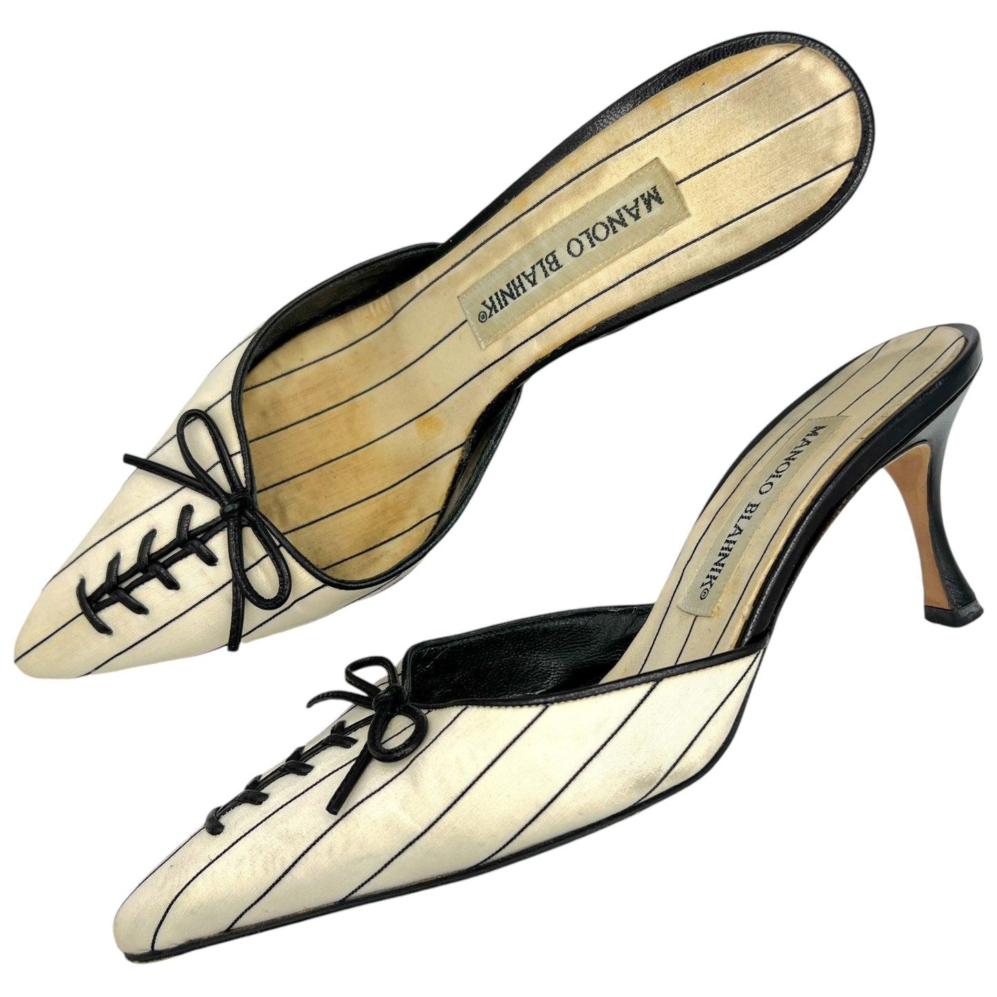 Manolo Blahnik Black & White Pinstripe Mule Heels - Outfit Repeater