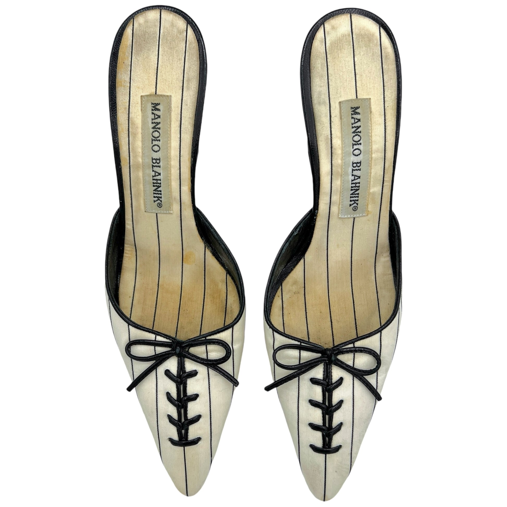 Manolo Blahnik Black & White Pinstripe Mule Heels - Outfit Repeater