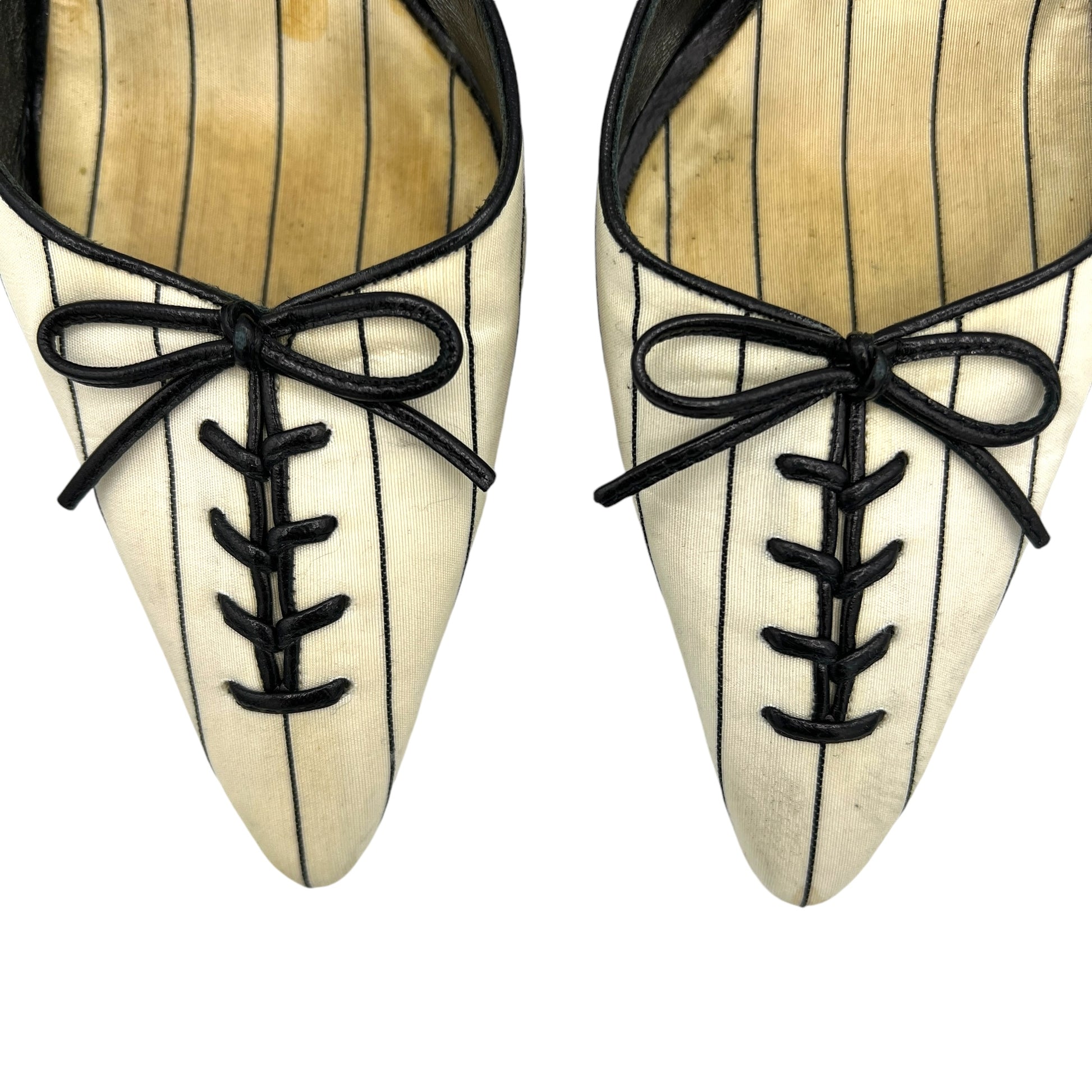 Manolo Blahnik Black & White Pinstripe Mule Heels - Outfit Repeater