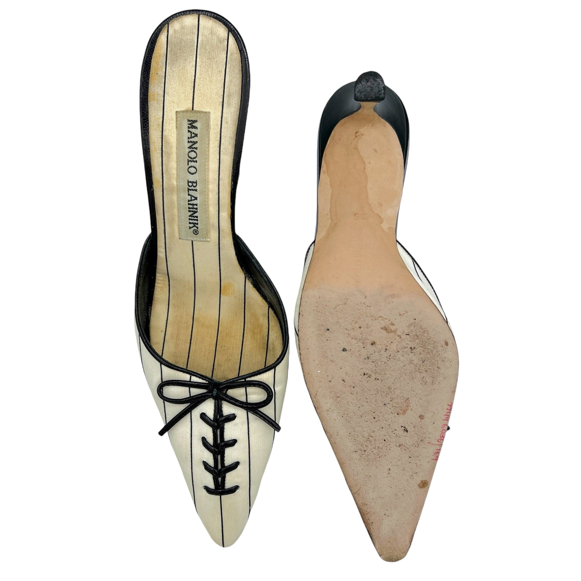 Manolo Blahnik Black & White Pinstripe Mule Heels - Outfit Repeater