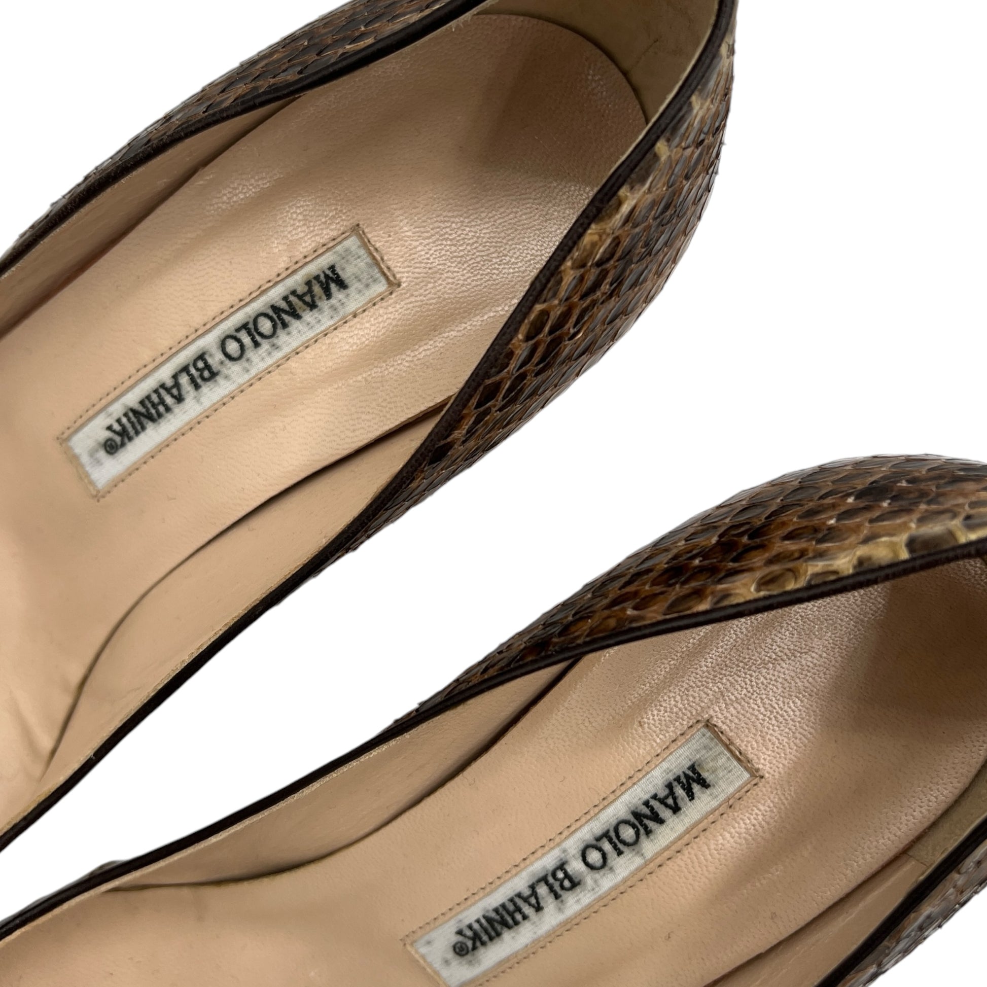 Manolo Blahnik Brown Snakeskin Pointed Toe Heels - Outfit Repeater
