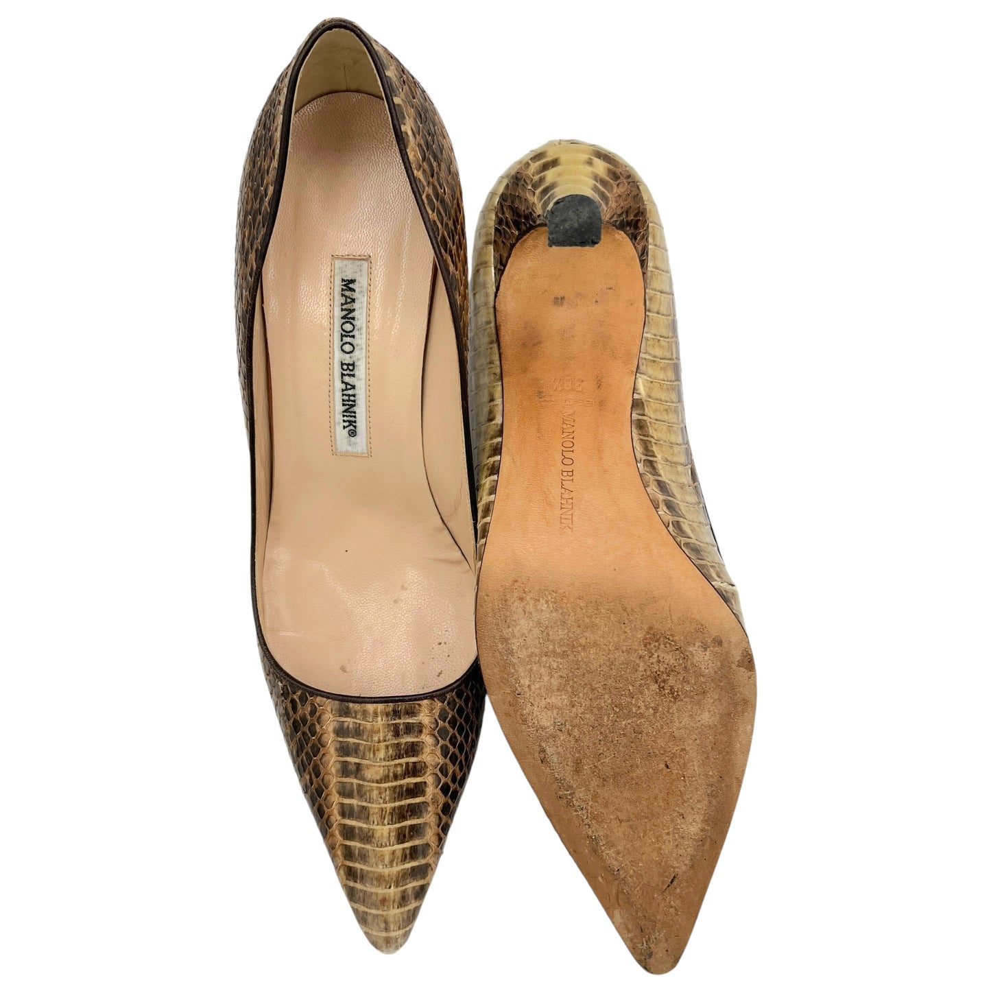 Manolo Blahnik Brown Snakeskin Pointed Toe Heels - Outfit Repeater