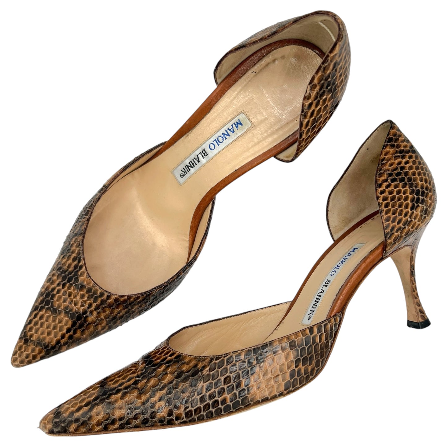 Manolo Blahnik Brown Snakeskin D'Orsay Kitten Heels