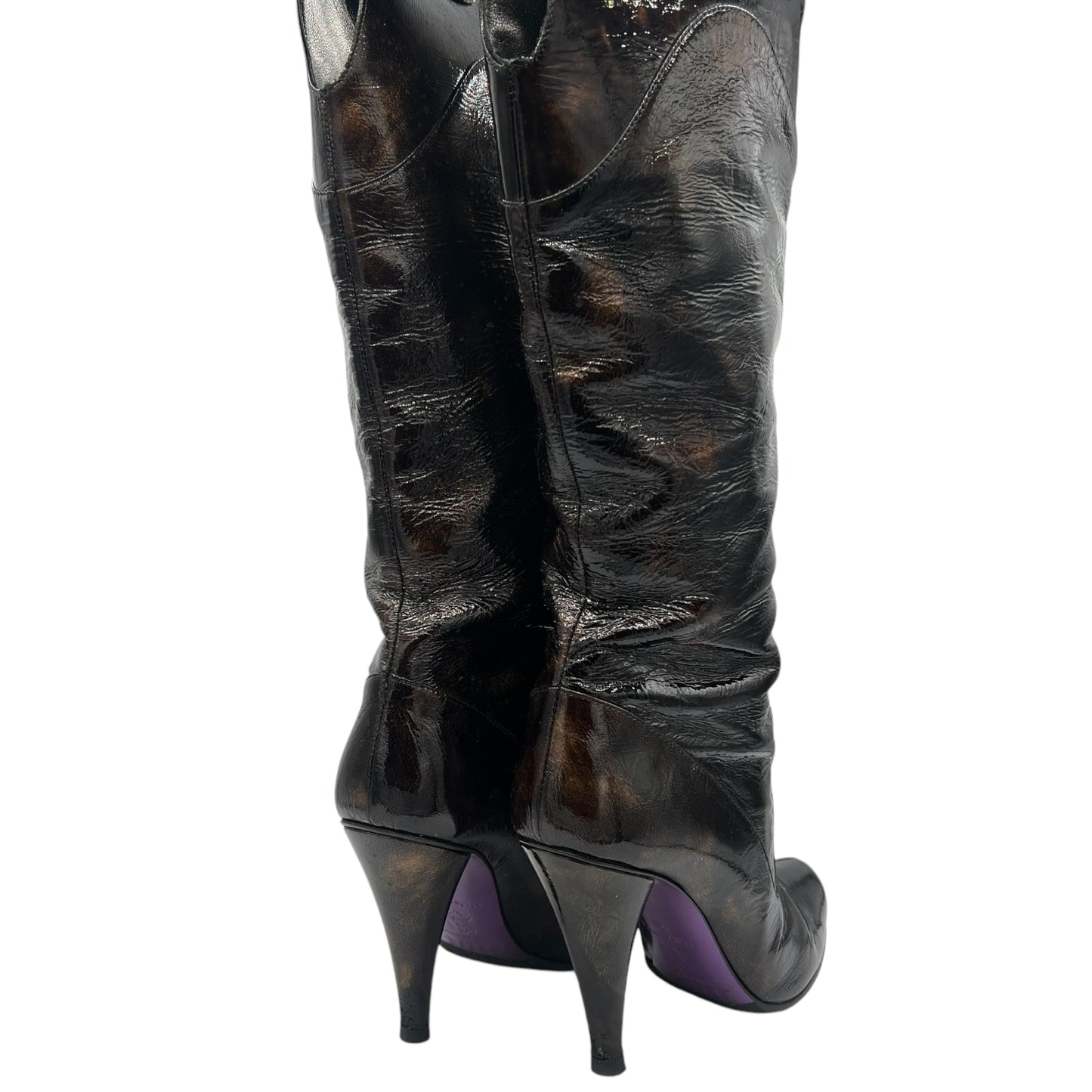 D&G Dolce & Gabbana Brown Patent Leather Cowboy Boots