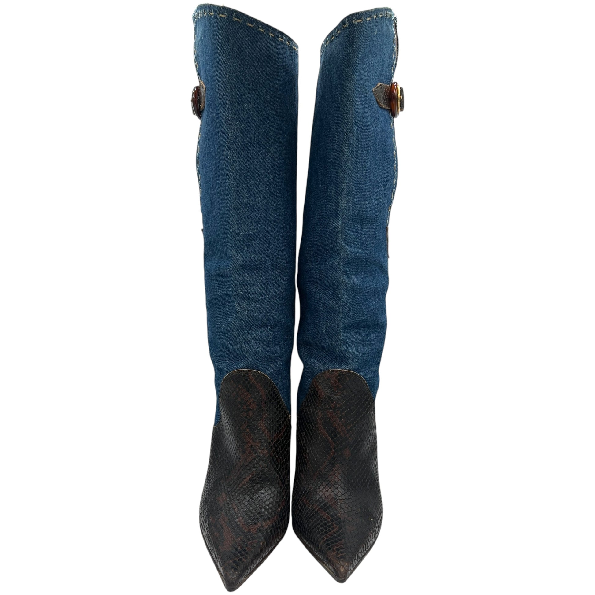 D&G Dolce & Gabbana Denim & Snakeskin Heeled Boots - Outfit Repeater