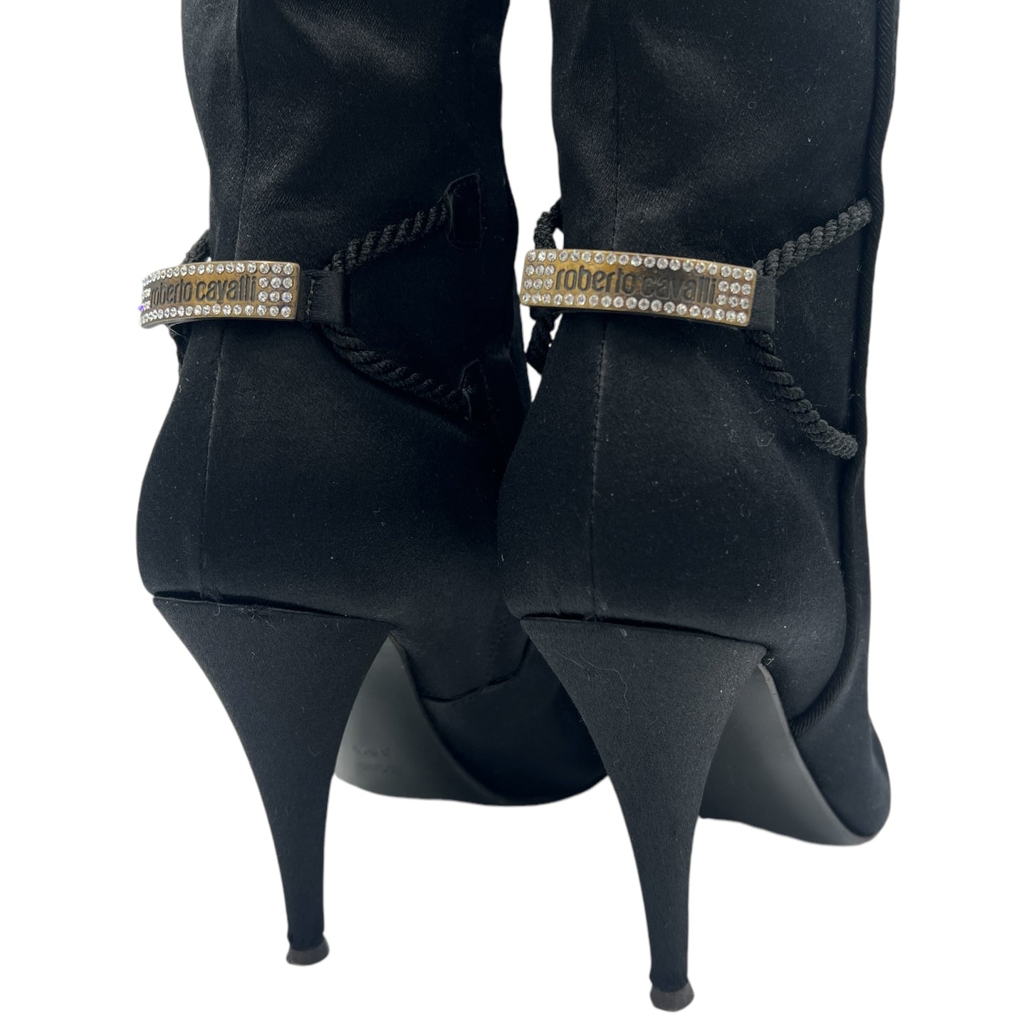 Roberto Cavalli Black Satin Pointed Toe Heeled Boots