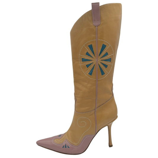 Jimmy Choo Tan Leather Embroidered Heeled Western Boots