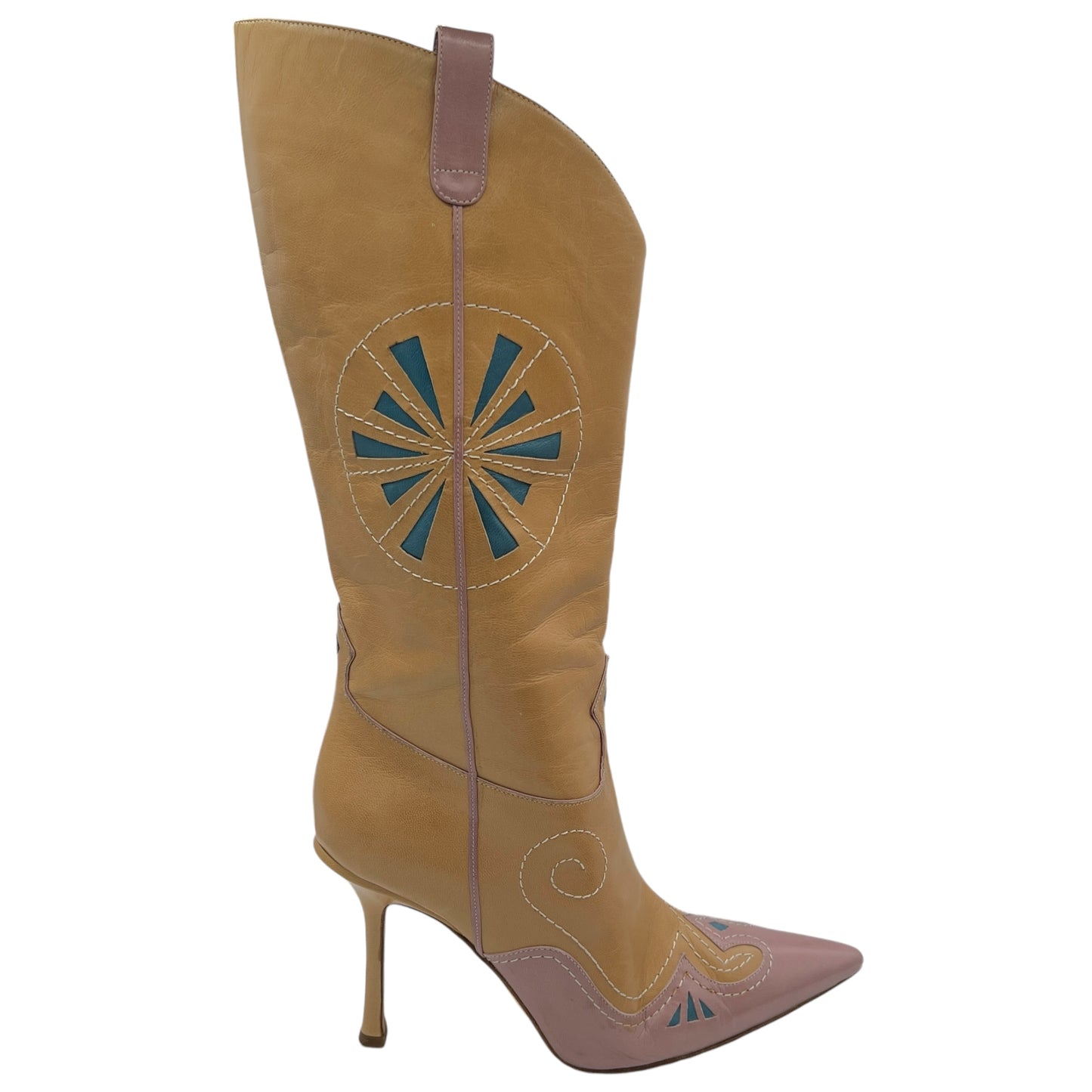 Jimmy Choo Tan Leather Embroidered Heeled Western Boots