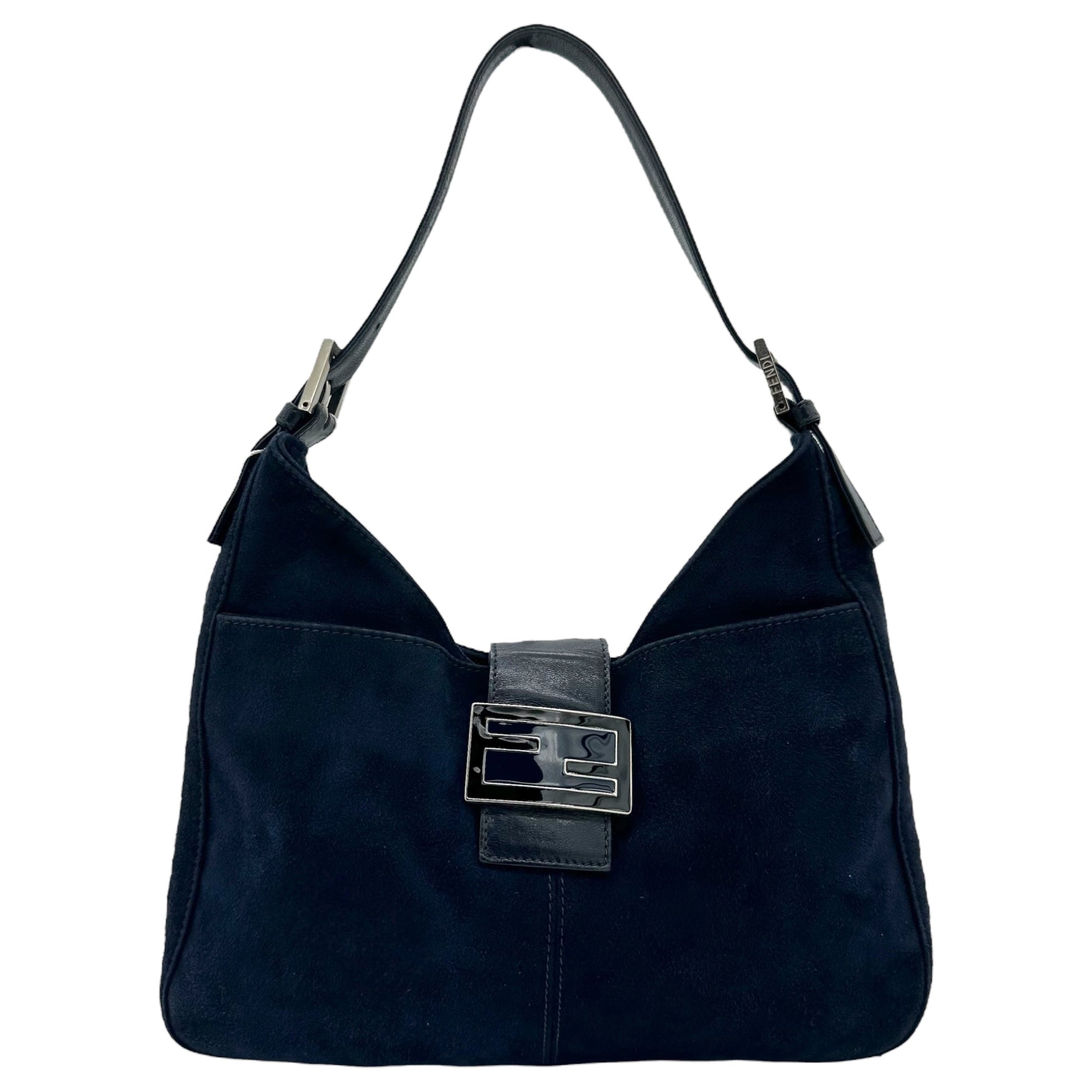 Fendi Navy Blue Suede Baguette Shoulder Bag - Outfit Repeater