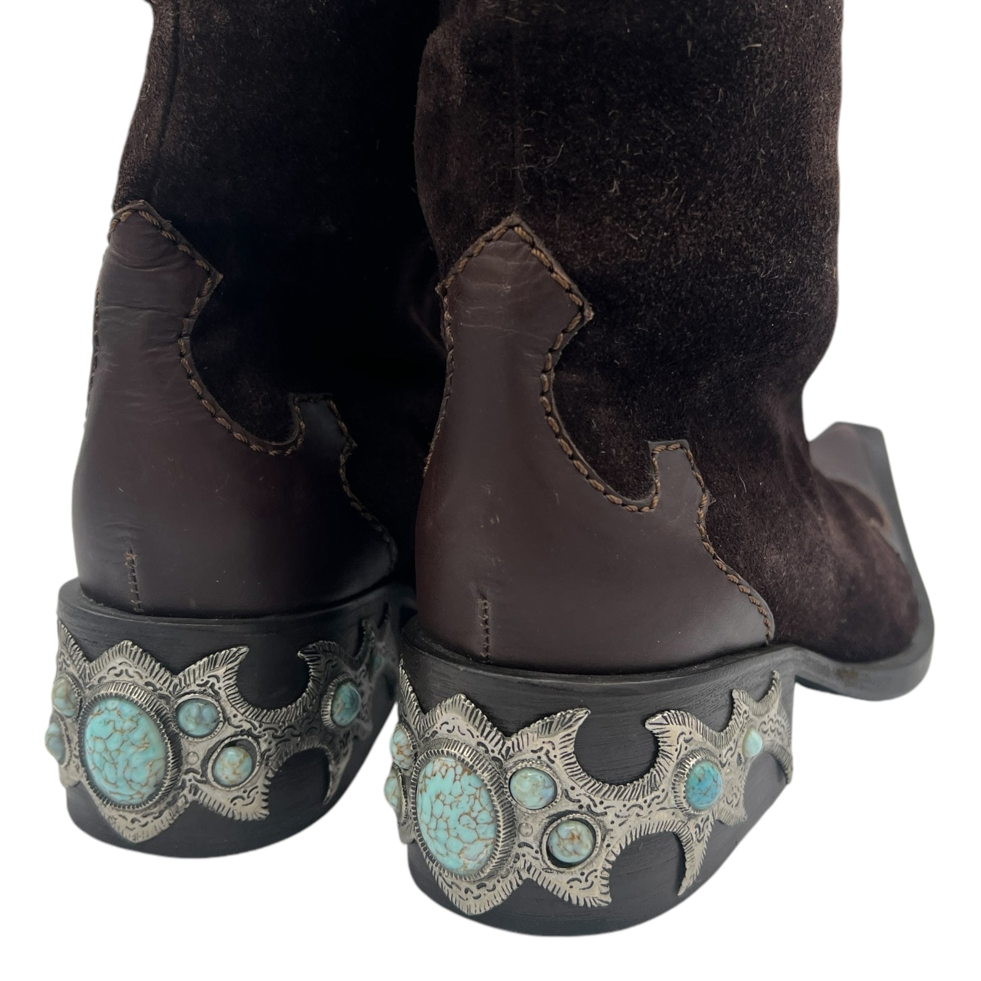 Giuseppe Zanotti Brown Suede Turquoise Embellished Cowboy Boots - Outfit Repeater