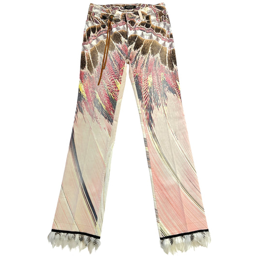 Roberto Cavalli S/S 2003 Feather Hem Printed Jeans - Outfit Repeater