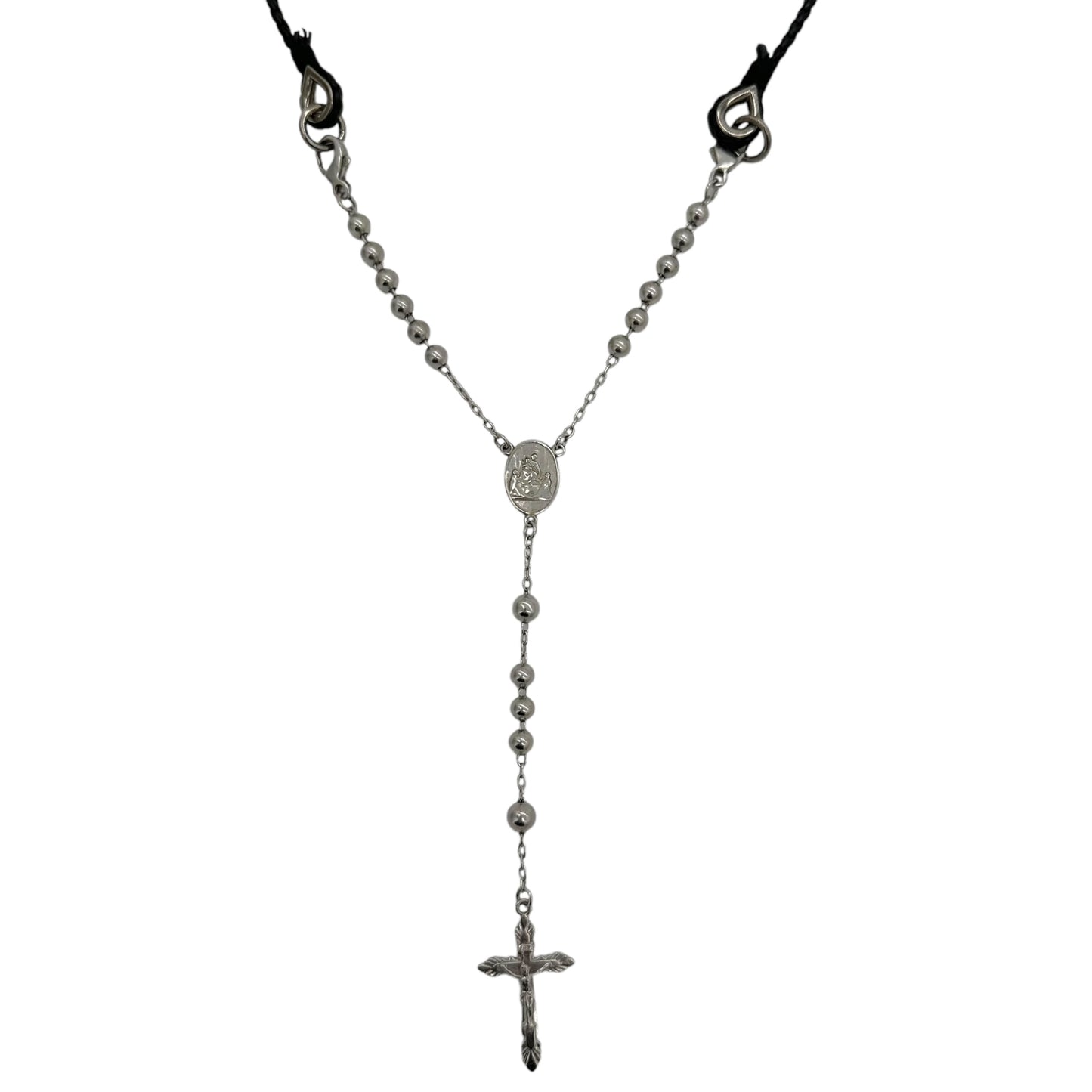 Dolce & Gabbana Leather Cord Silver Rosary Necklace