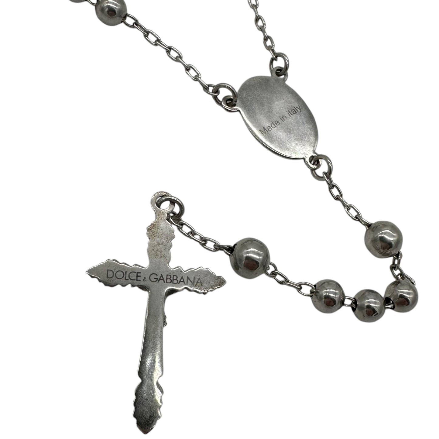 Dolce & Gabbana Leather Cord Silver Rosary Necklace